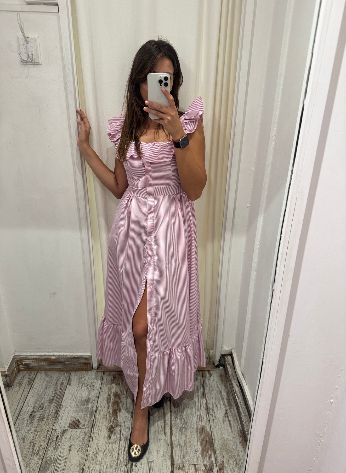 ABITO CHEMISIER RIGHE BIANCO E ROSA VOLANT
