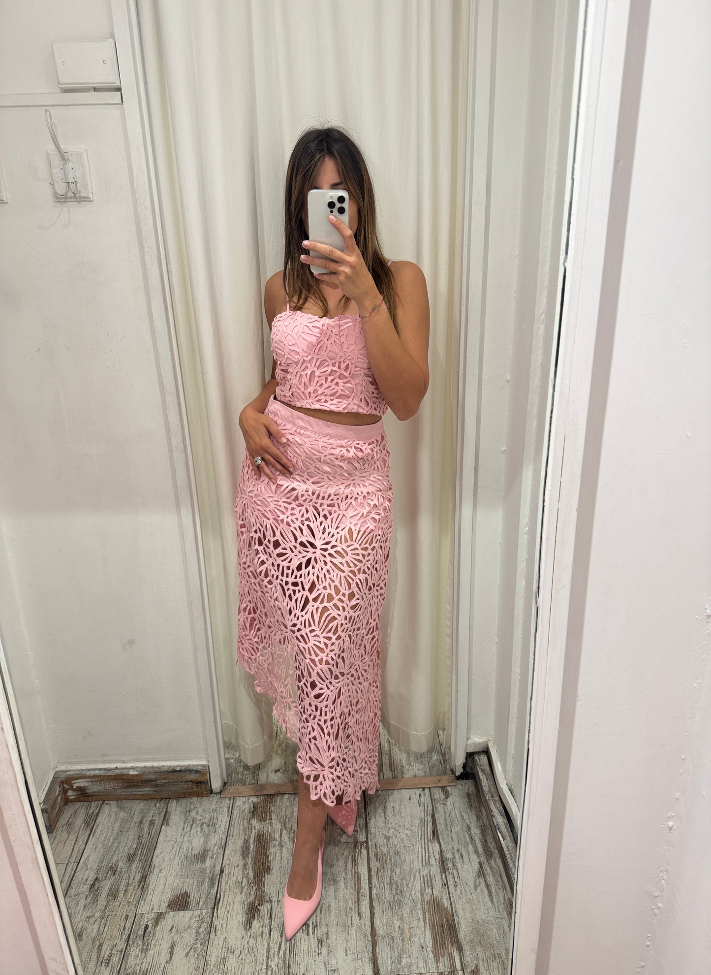 COORDINATO TOP E GONNA ROSA TRAFORATO