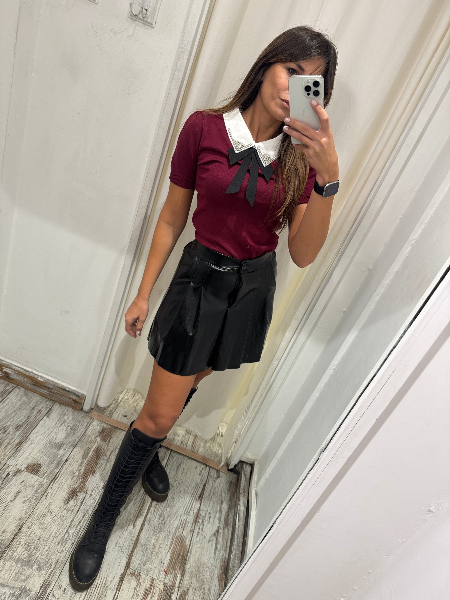 MAGLIA COLLETTO E FIOCCO BORDEAUX