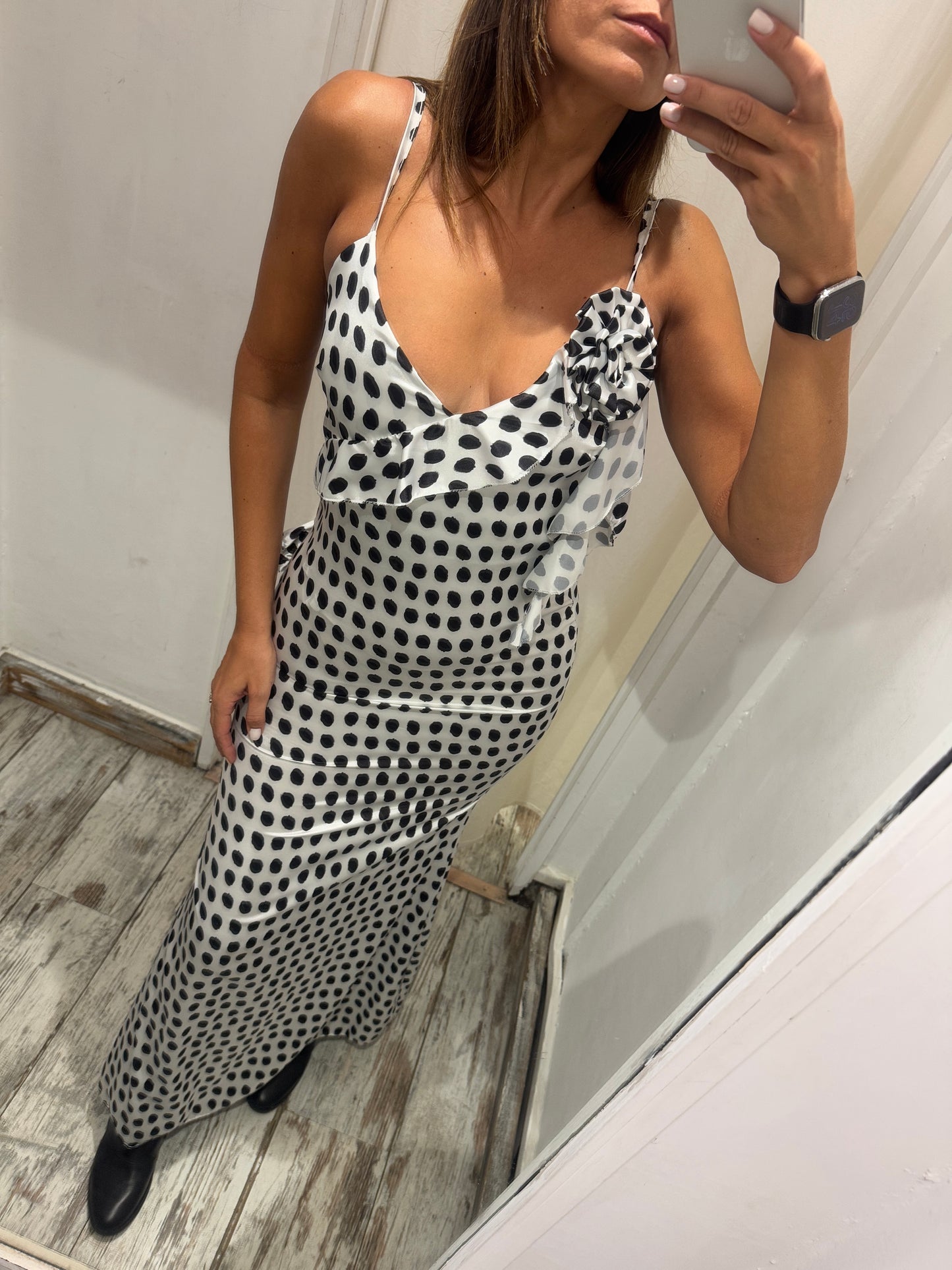 ABITO LUNGO SATIN POIS BIANCO E NERO