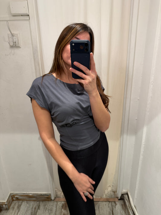 NEW COLLECTION - T-SHIRT CROP TELA GRIGIO ANTRACITE CON ELASTICO IN VITA