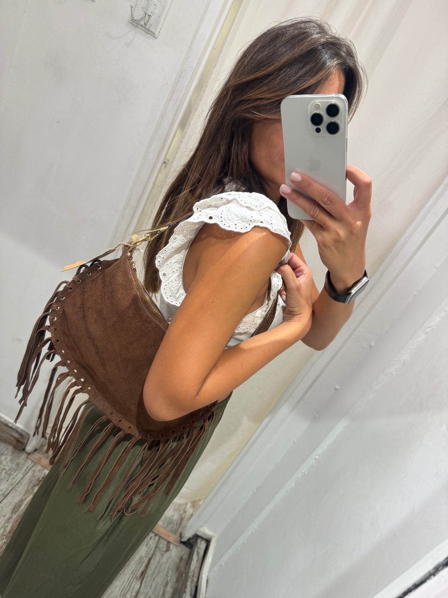 BORSA MEZZALUNA SUEDE FRANGE TESTA DI MORO
