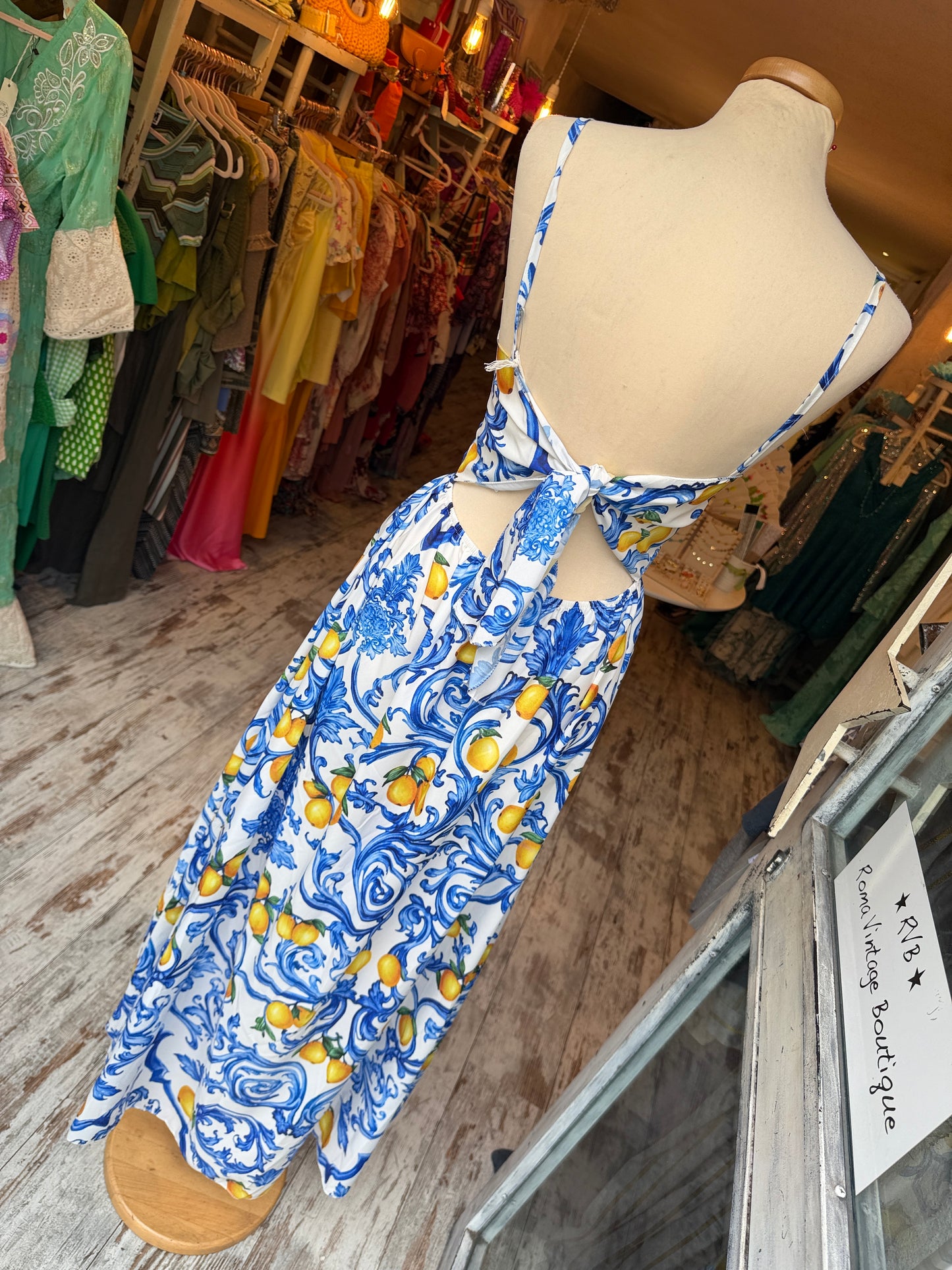 ABITO LUNGO CAPRI FANTASIA BIANCO E AZZURRO CON LIMONI