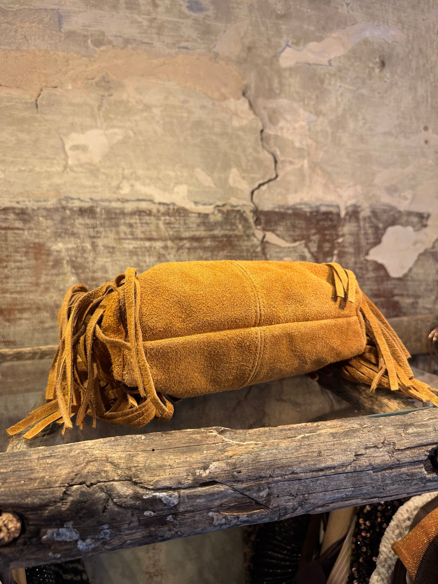 BORSA CUBE SUEDE FRANGE CAMMELLO