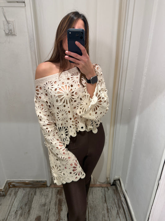 NEW COLLECTION - MAGLIA CROCHET FIORI SABBIA