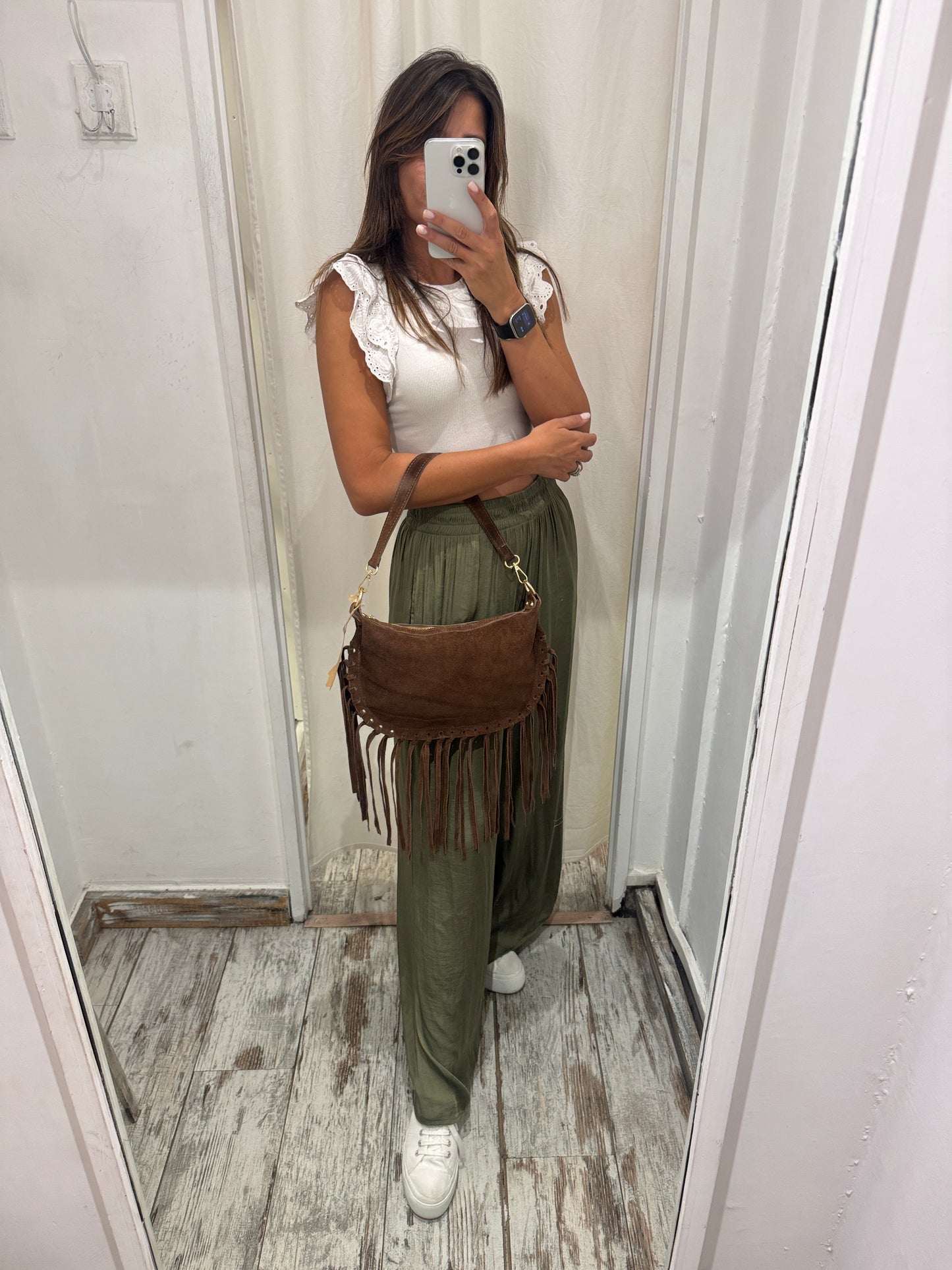 BORSA MEZZALUNA SUEDE FRANGE TESTA DI MORO