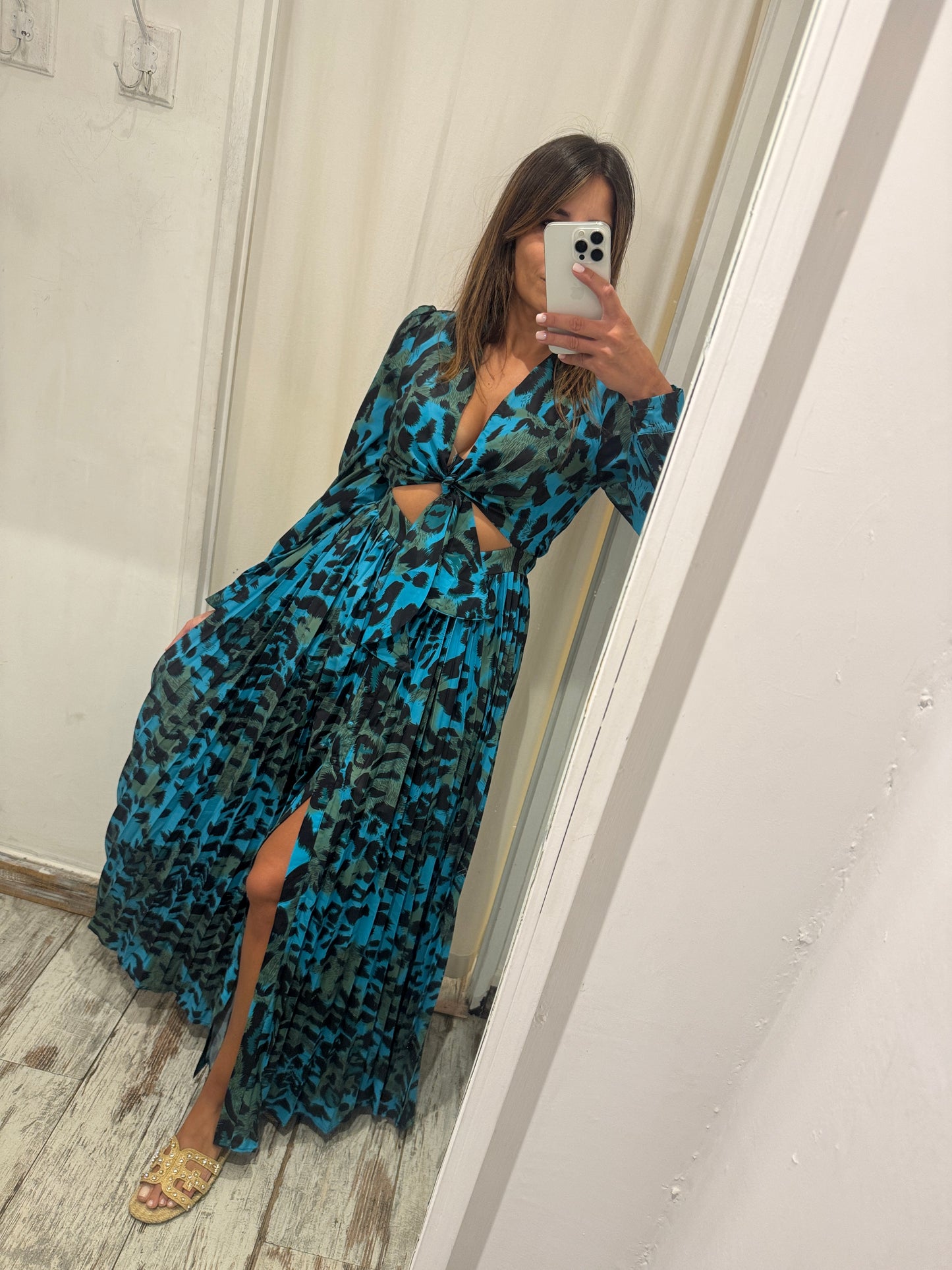 ABITO LUNGO CUT OUT ANIMALIER TURCHESE
