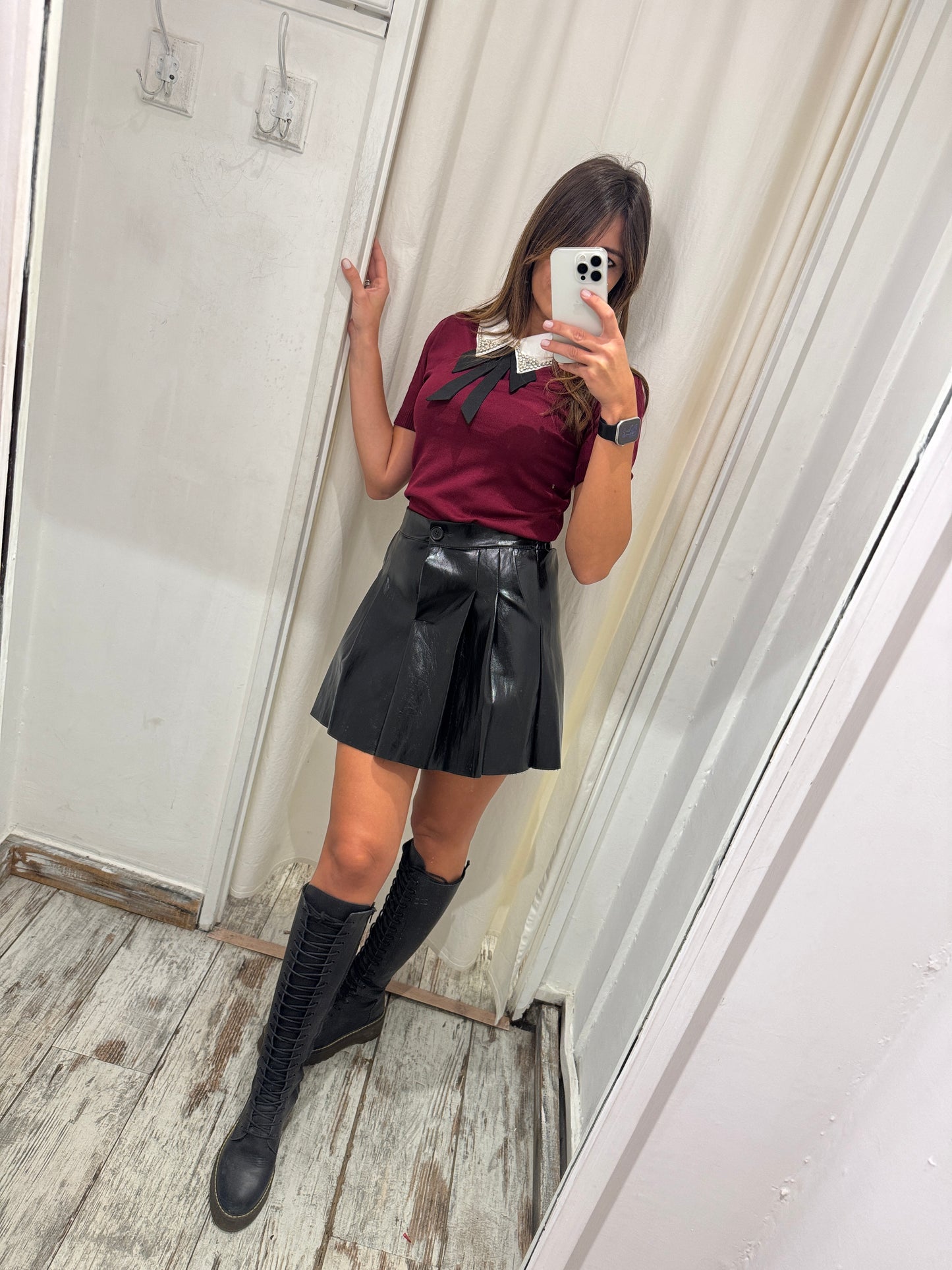 MAGLIA COLLETTO E FIOCCO BORDEAUX