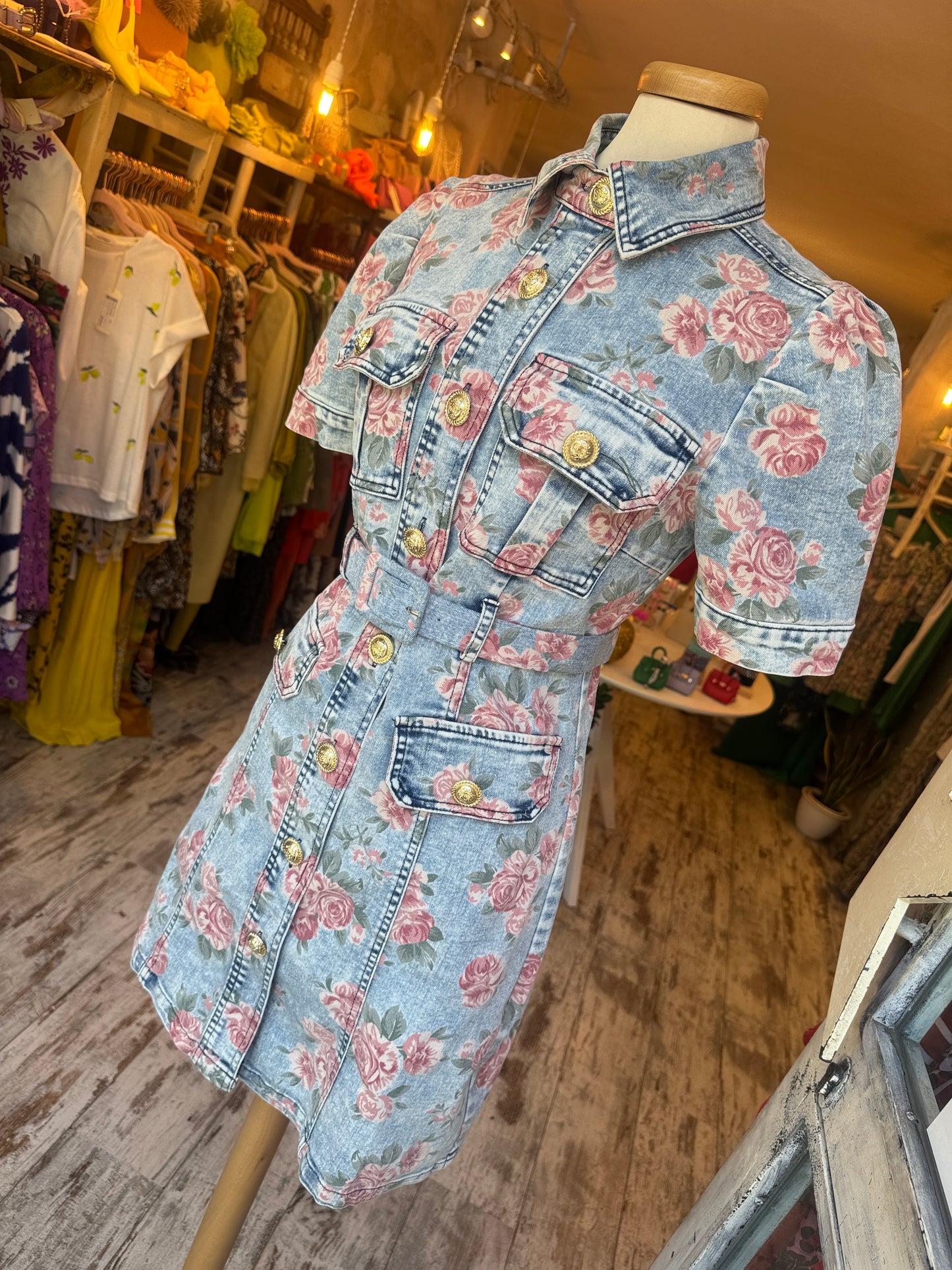 ABITO CHEMISIER DENIM CON ROSELLINE