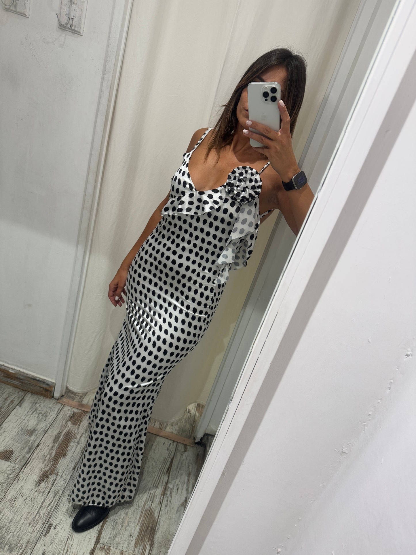 ABITO LUNGO SATIN POIS BIANCO E NERO