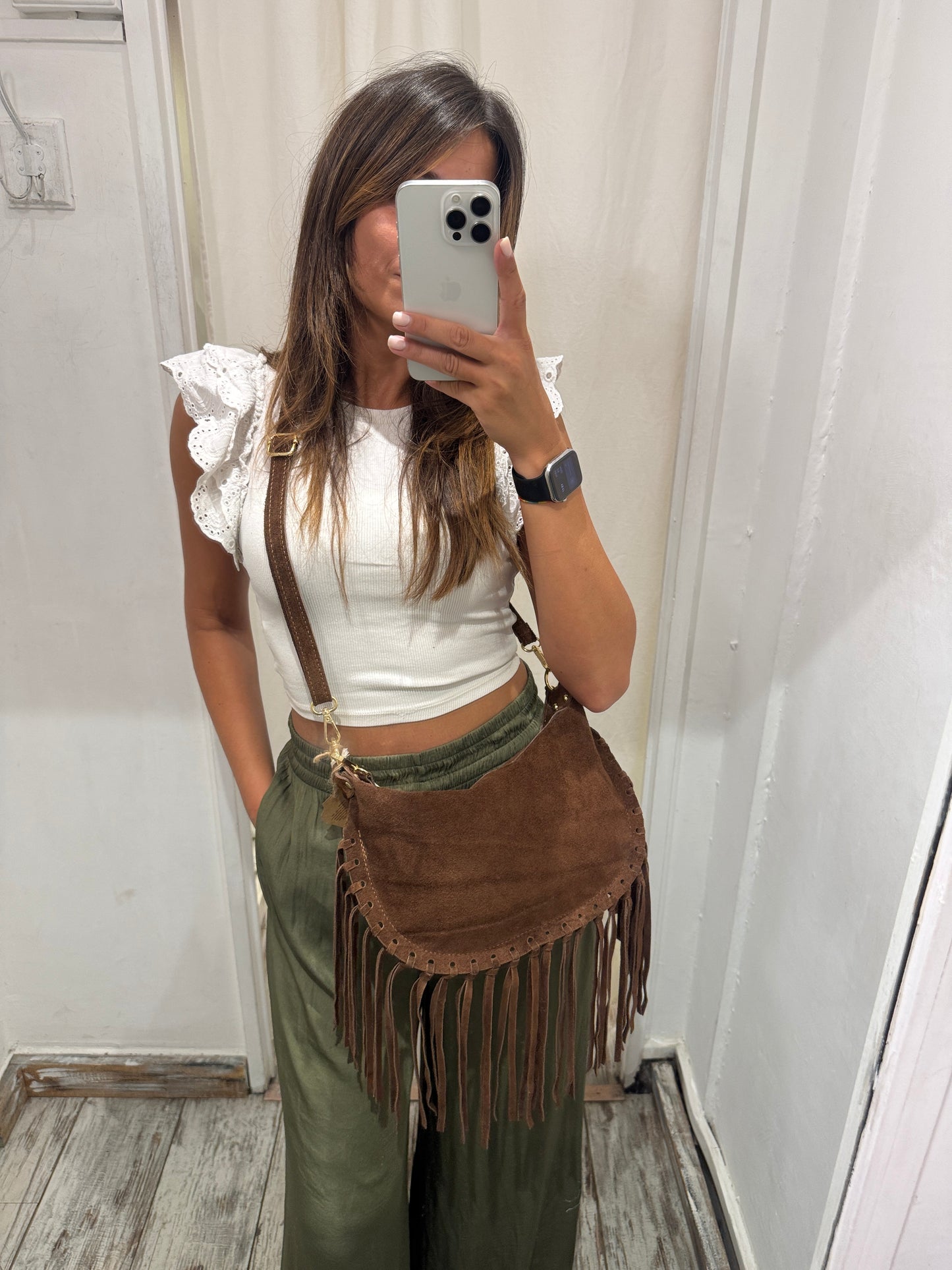 BORSA MEZZALUNA SUEDE FRANGE TESTA DI MORO