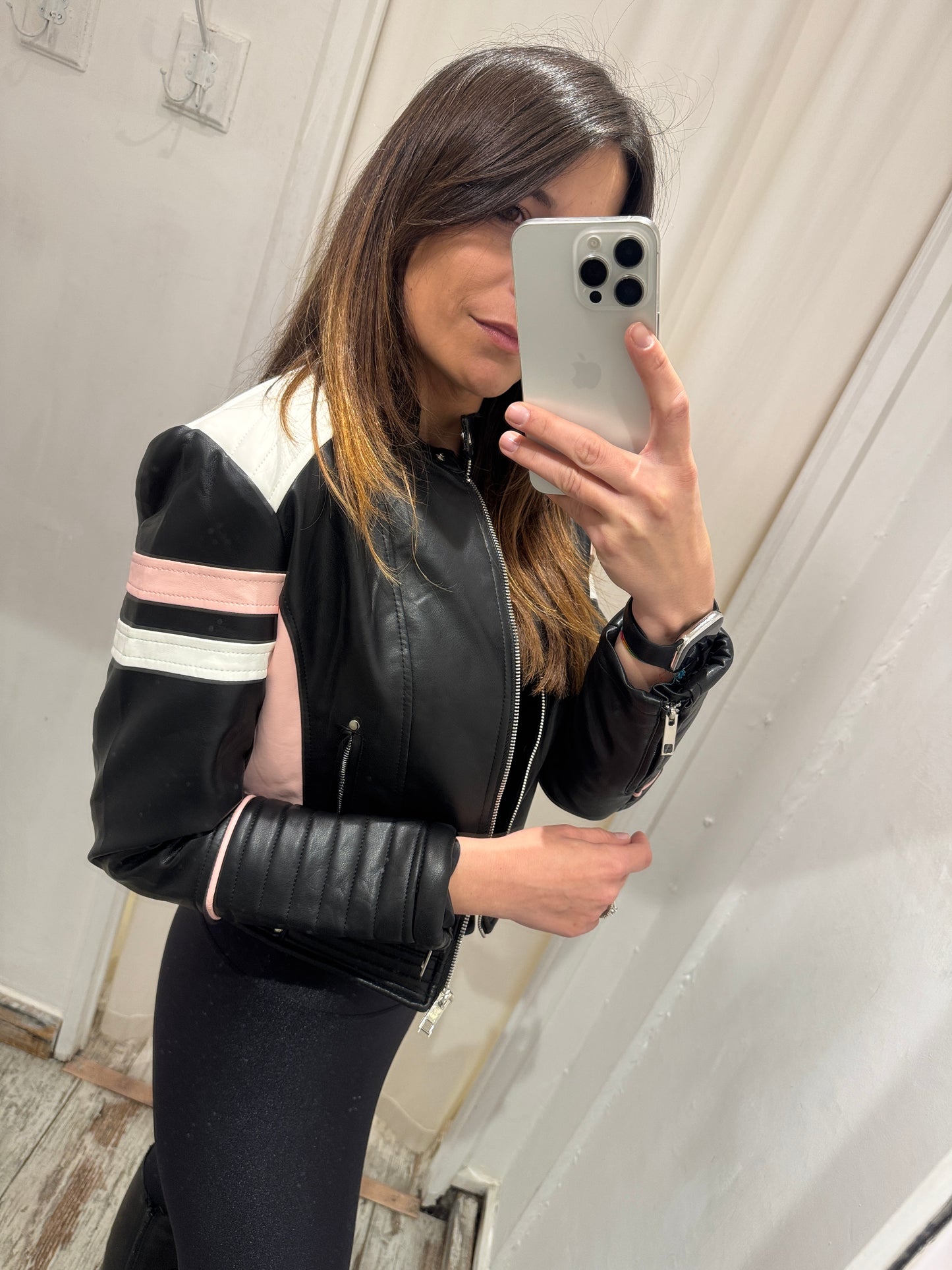 GIUBBINO BIKER ECOPELLE NERO ROSA E BIANCO