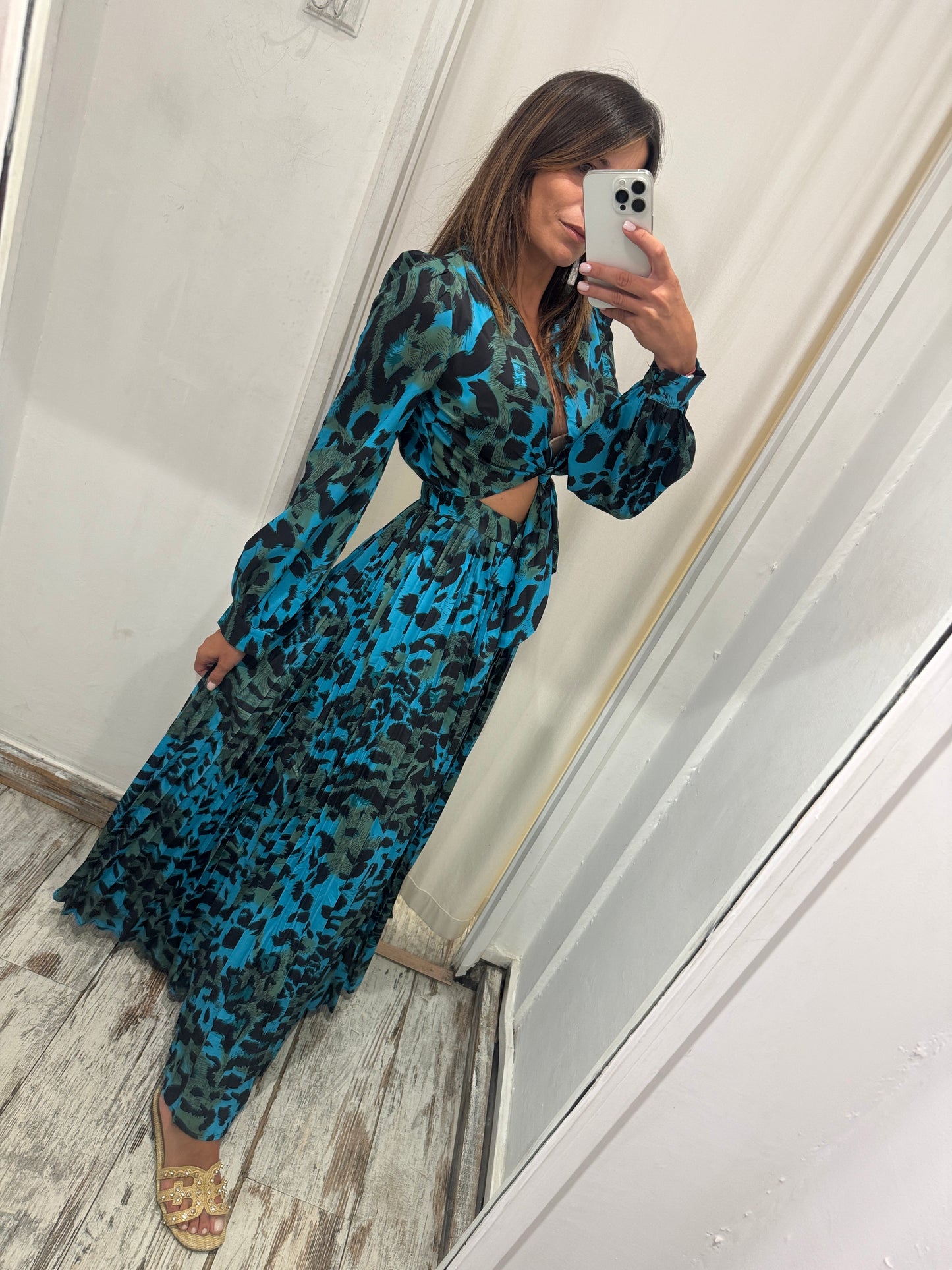 ABITO LUNGO CUT OUT ANIMALIER TURCHESE
