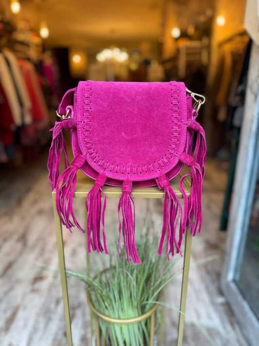 BORSA A TRACOLLA IN PELLE SCAMOSCIATA FUCSIA CON FRANGE