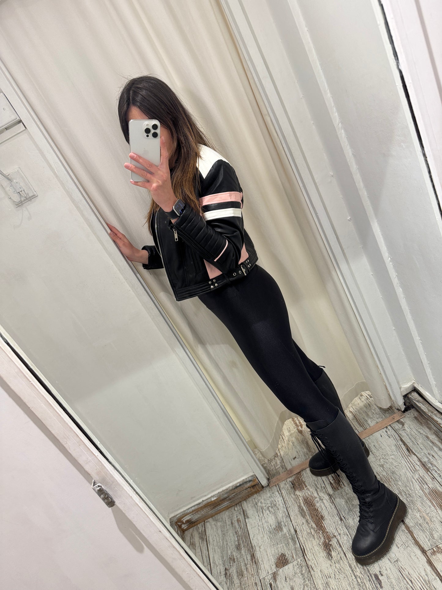 GIUBBINO BIKER ECOPELLE NERO ROSA E BIANCO