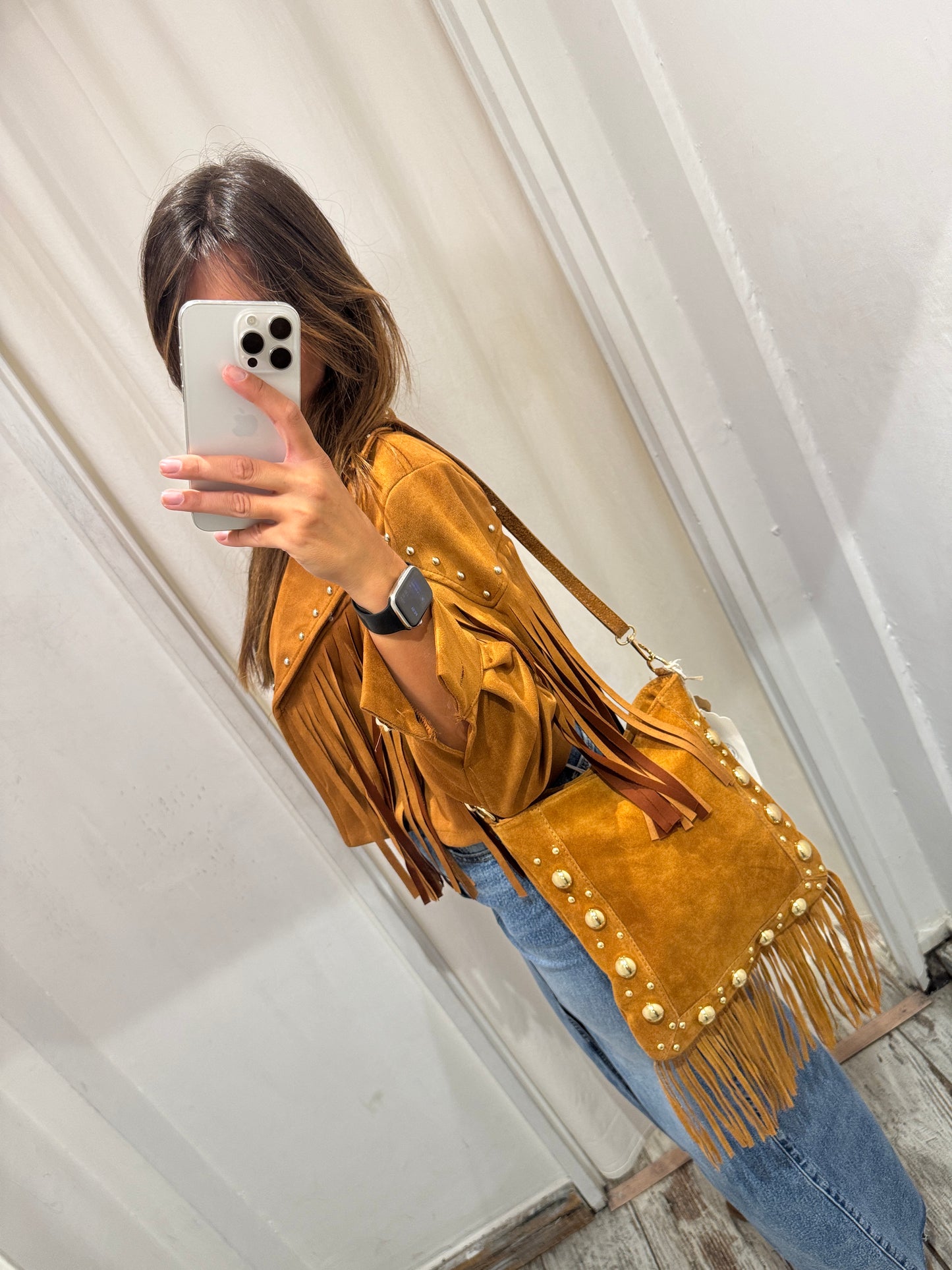 BORSA TRACOLLA SUEDE CUOIO BORCHIE E FRANGE