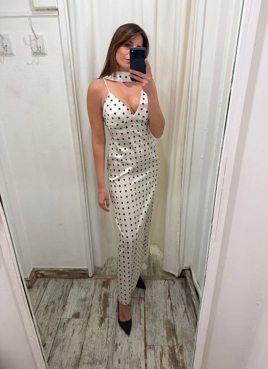NEW COLLECTION - ABITO LONGUETTE BIANCO POIS CON FUSCIACCA