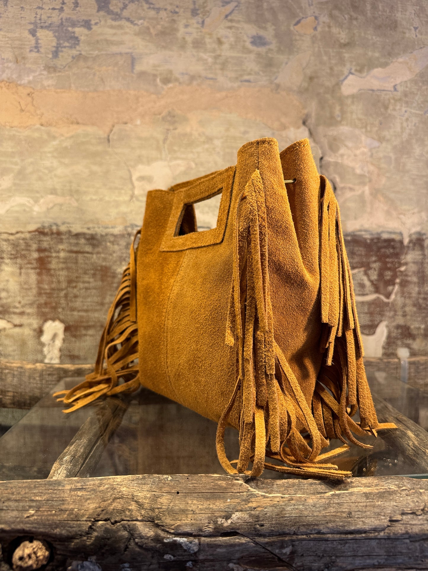 BORSA CUBE SUEDE FRANGE CAMMELLO