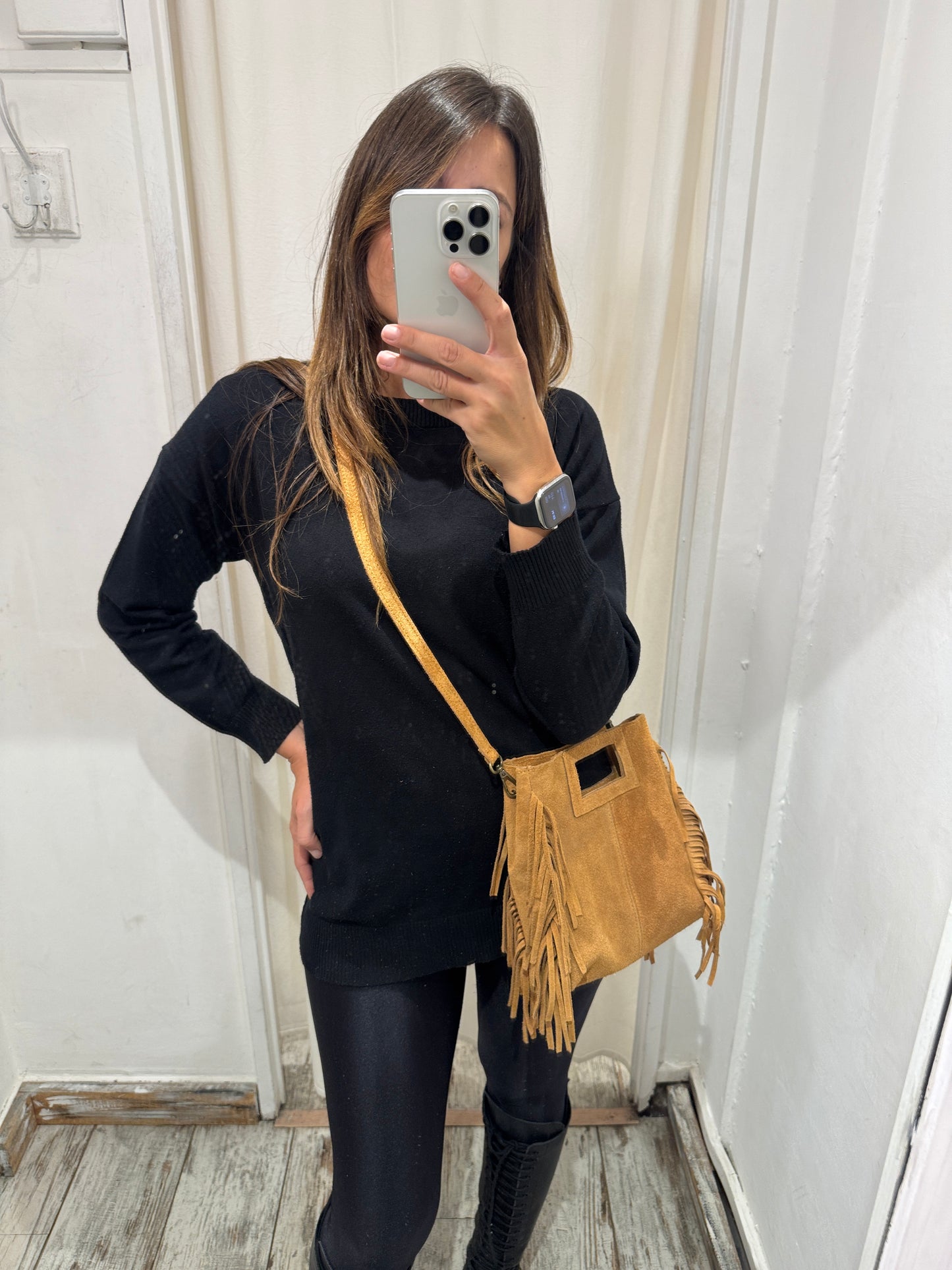 BORSA CUBE SUEDE FRANGE CAMMELLO