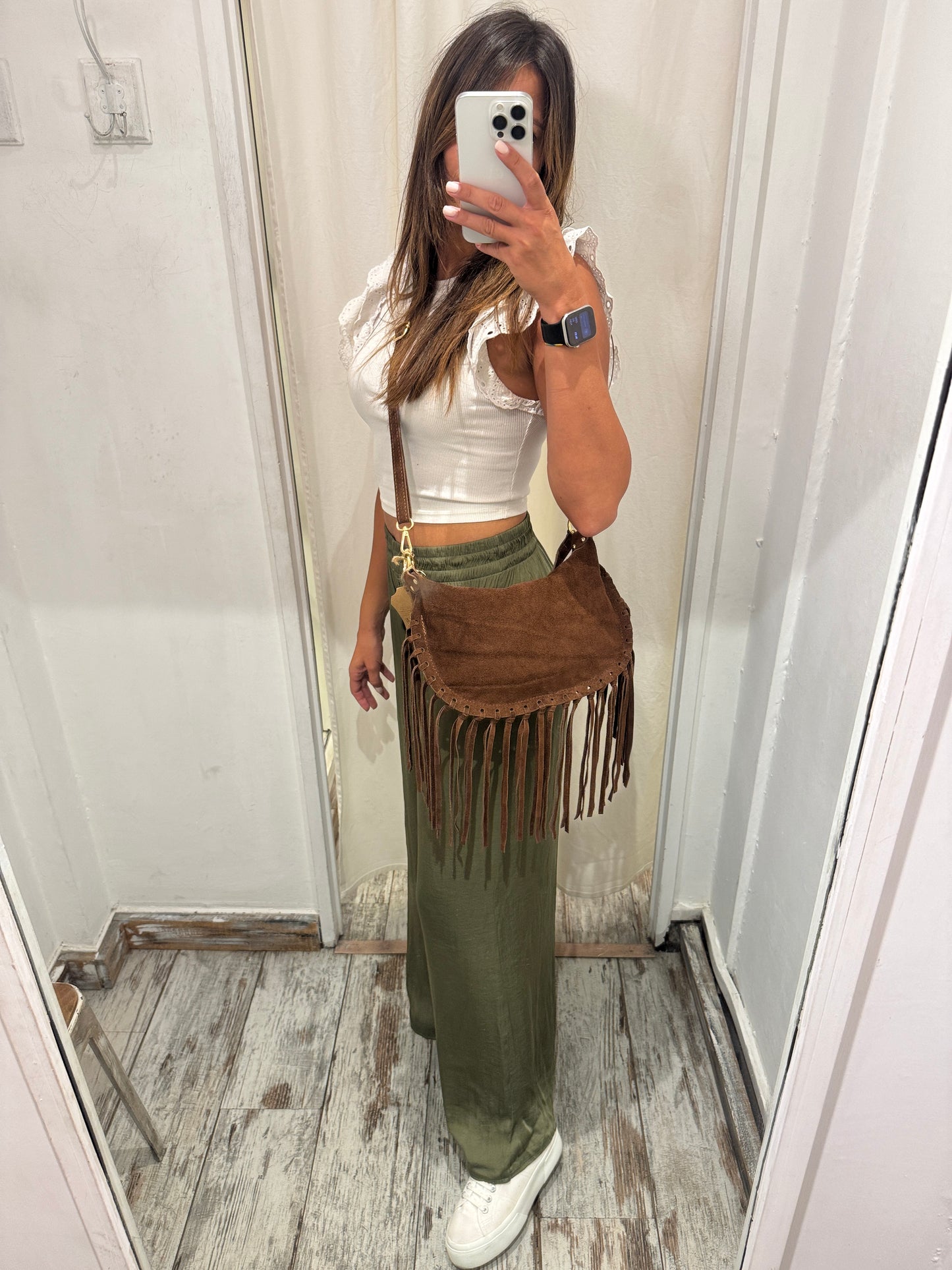 BORSA MEZZALUNA SUEDE FRANGE TESTA DI MORO