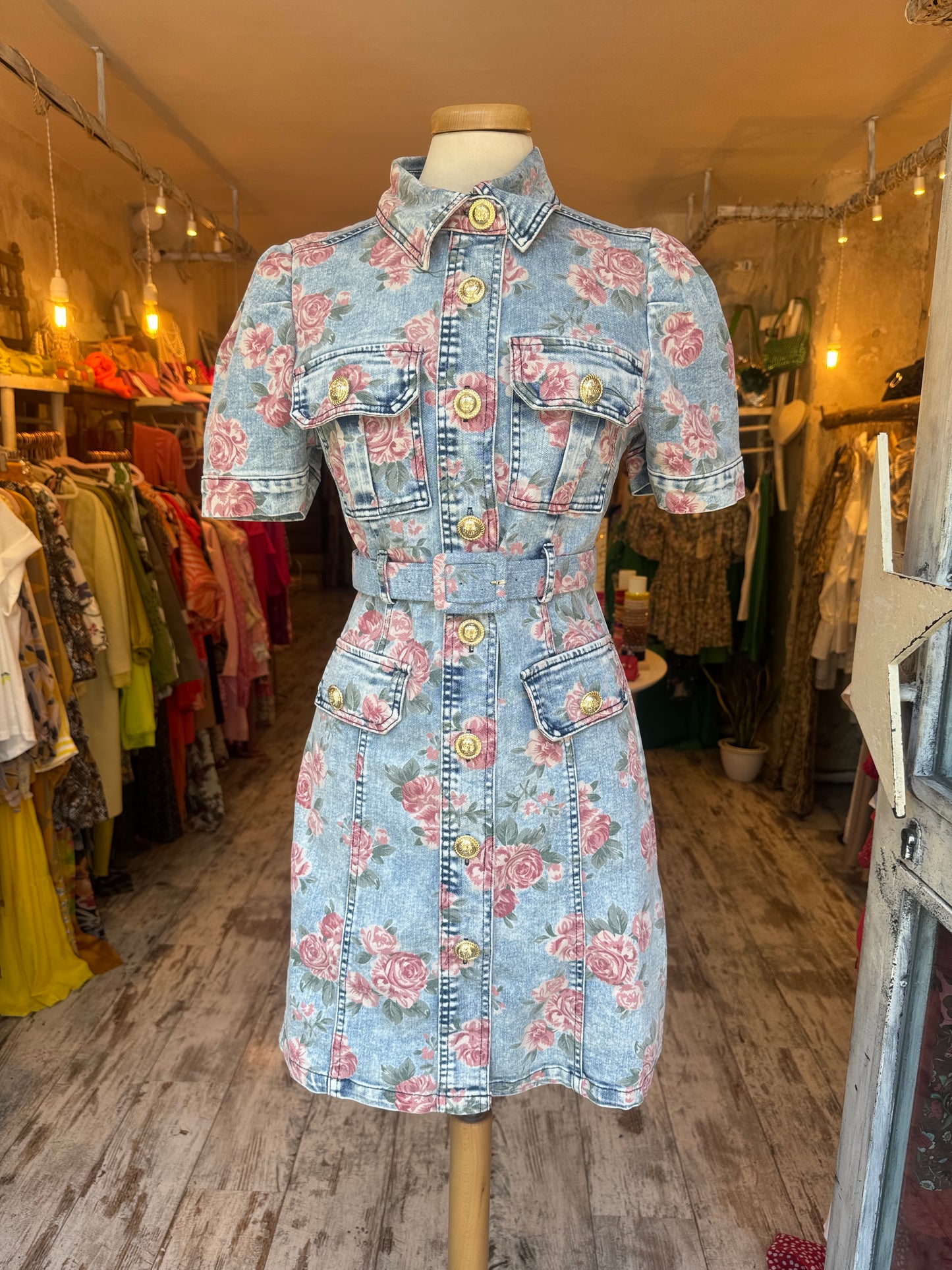 ABITO CHEMISIER DENIM CON ROSELLINE
