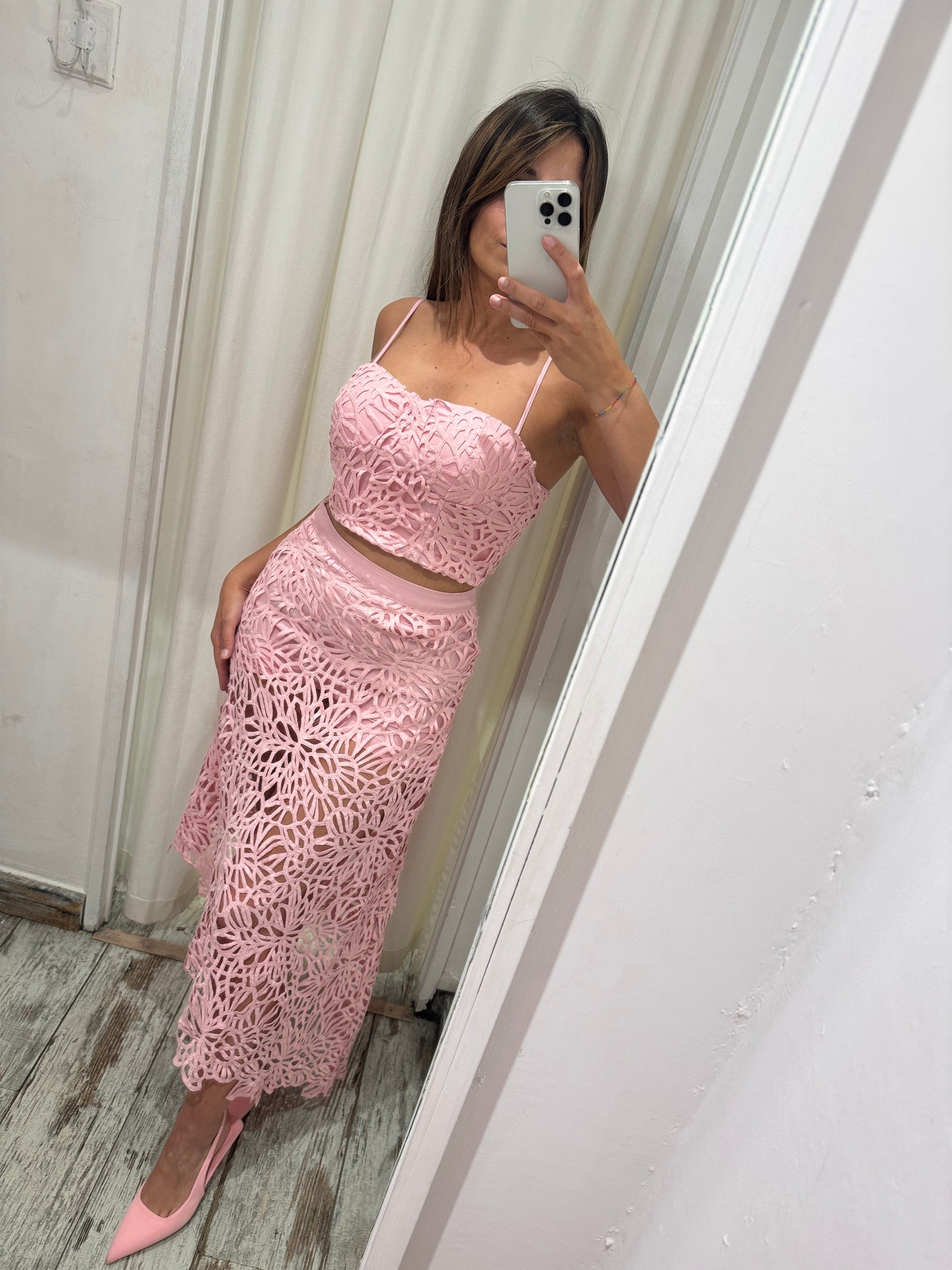 COORDINATO TOP E GONNA ROSA TRAFORATO