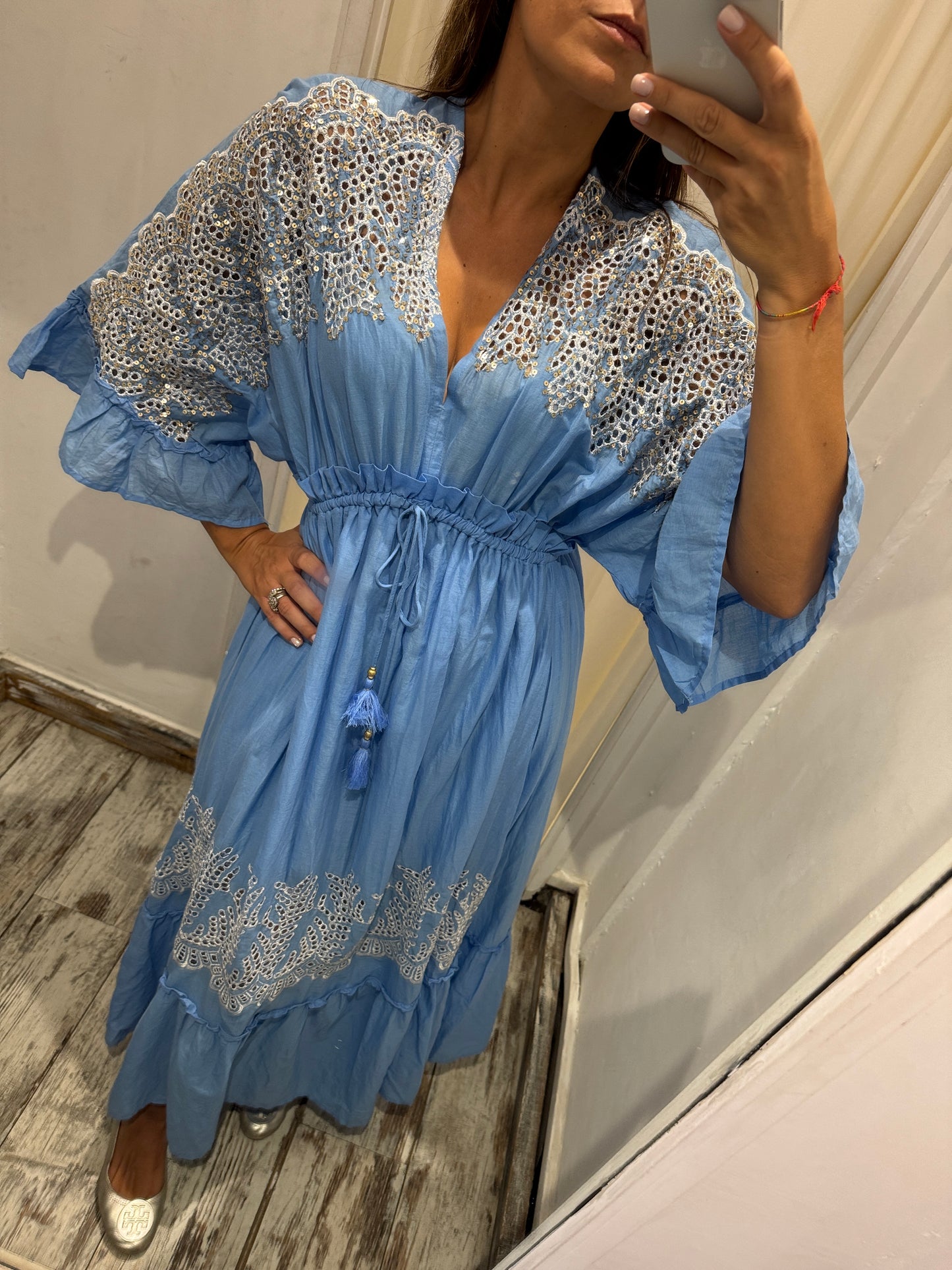 ABITO KAFTANO LONGUETTE CELESTE PAILLETTES