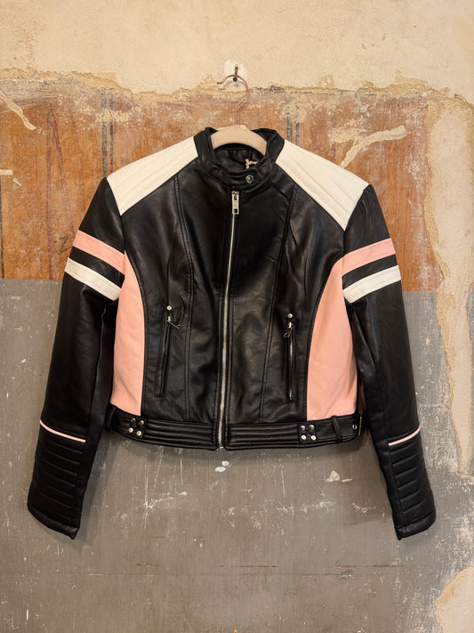 GIUBBINO BIKER ECOPELLE NERO ROSA E BIANCO