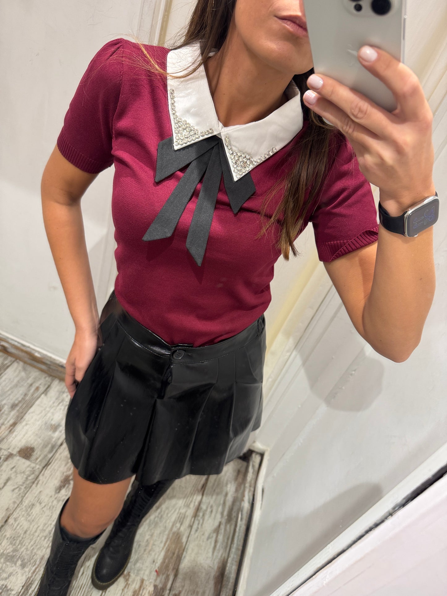 MAGLIA COLLETTO E FIOCCO BORDEAUX
