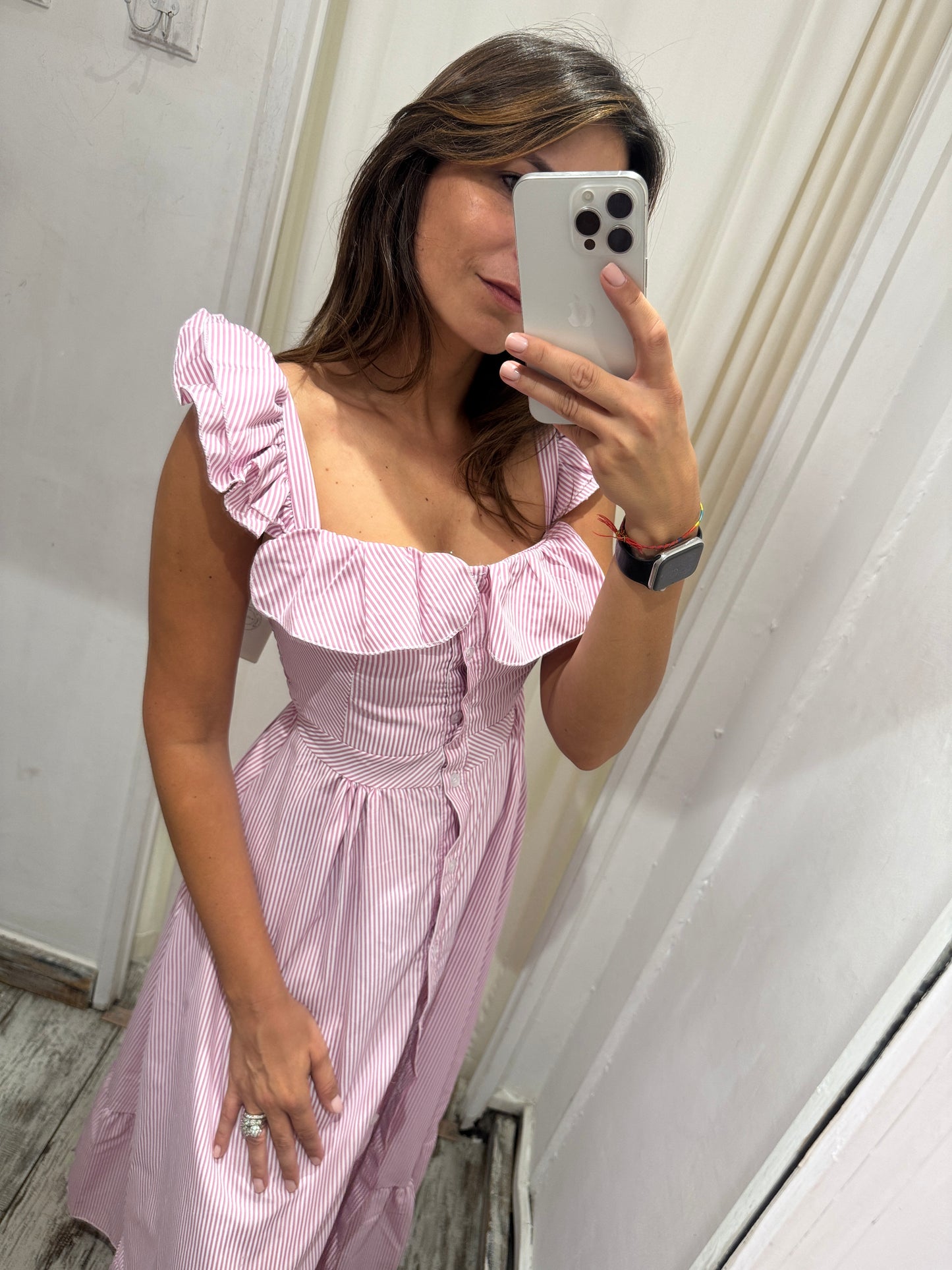 ABITO CHEMISIER RIGHE BIANCO E ROSA VOLANT