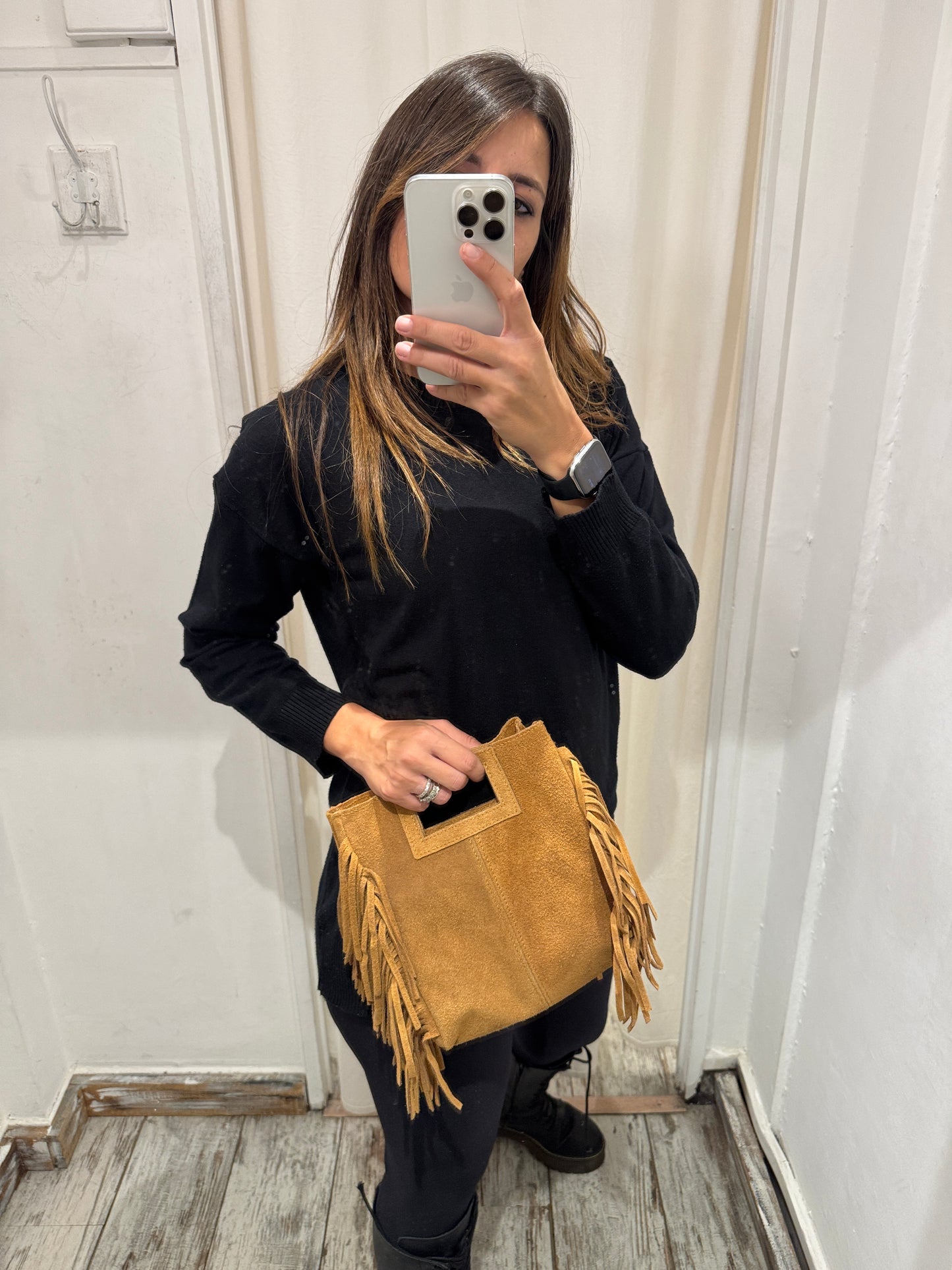 BORSA CUBE SUEDE FRANGE CAMMELLO