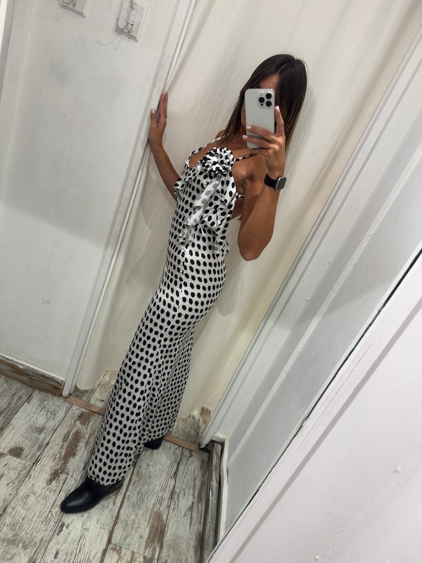 ABITO LUNGO SATIN POIS BIANCO E NERO