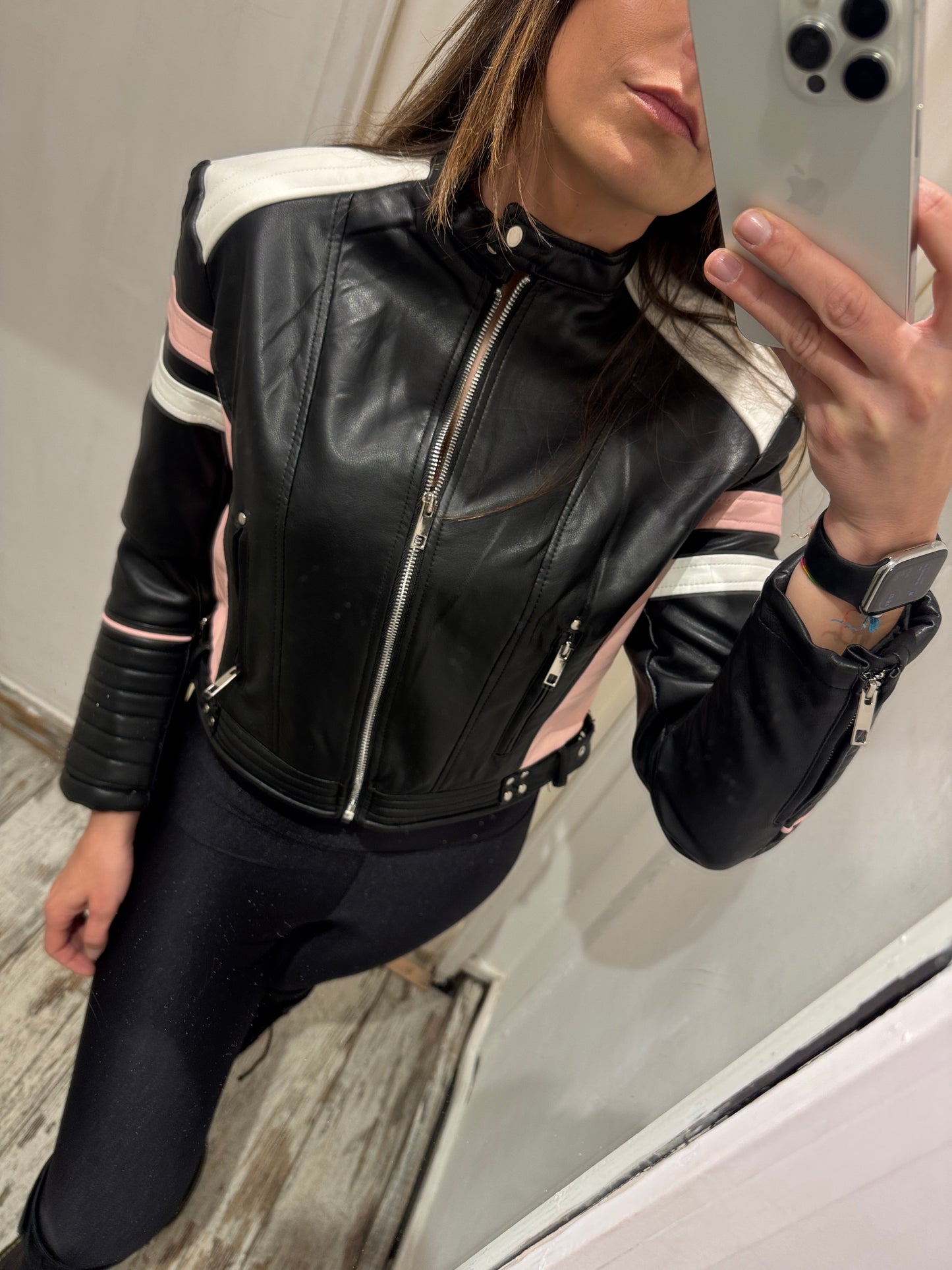 GIUBBINO BIKER ECOPELLE NERO ROSA E BIANCO