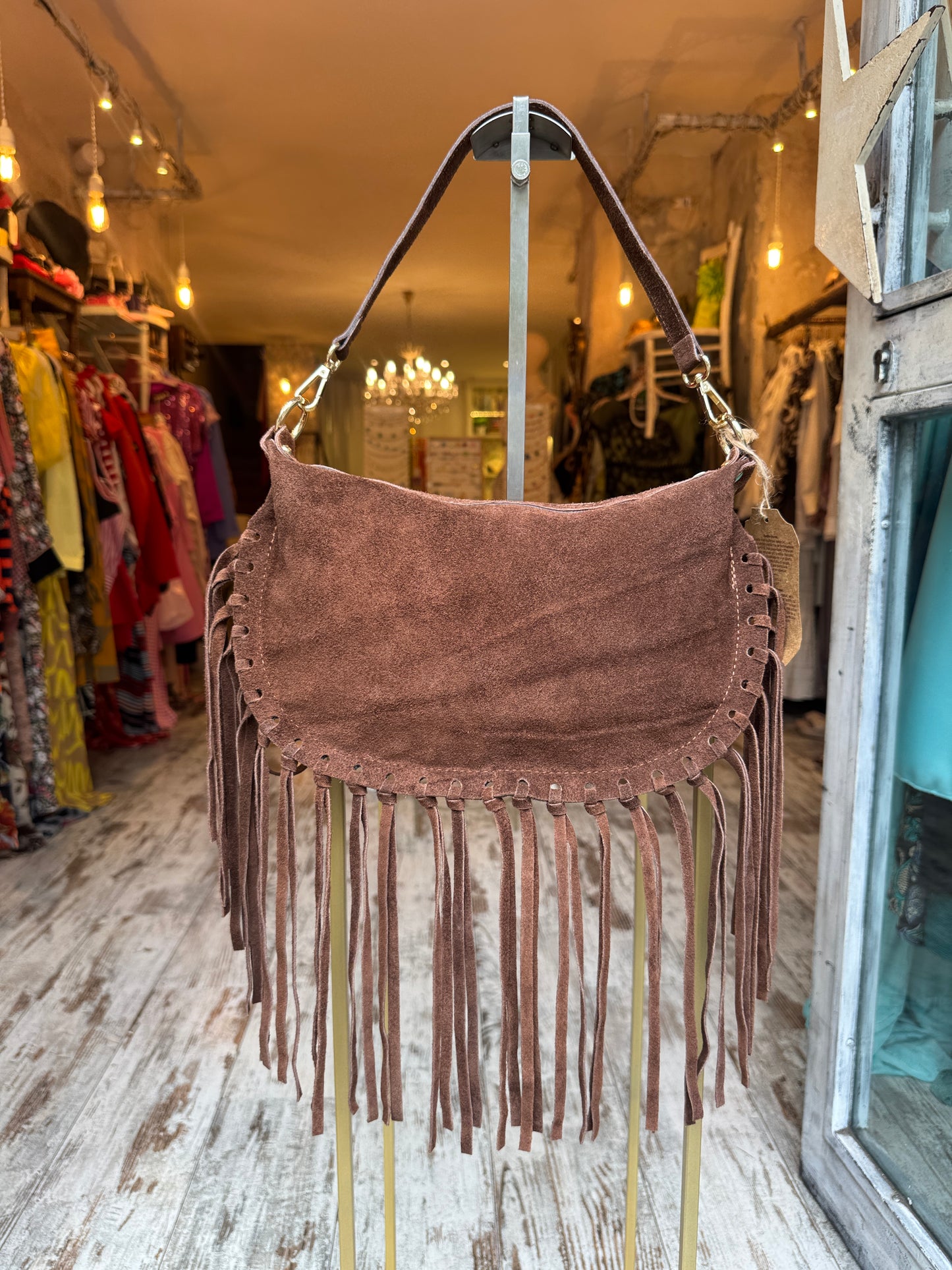 BORSA MEZZALUNA SUEDE FRANGE TESTA DI MORO