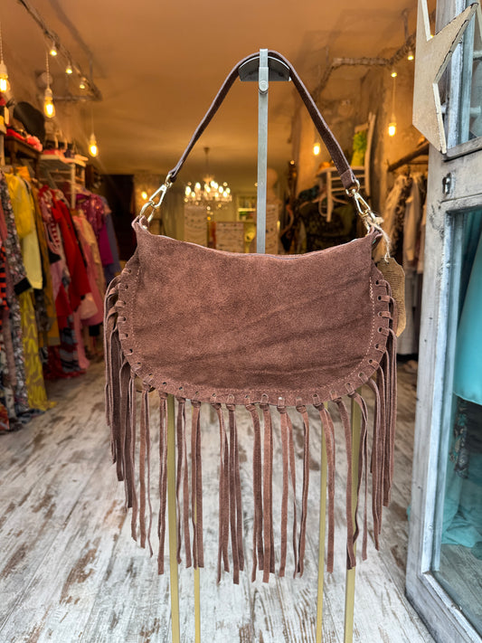 BORSA MEZZALUNA SUEDE FRANGE TESTA DI MORO