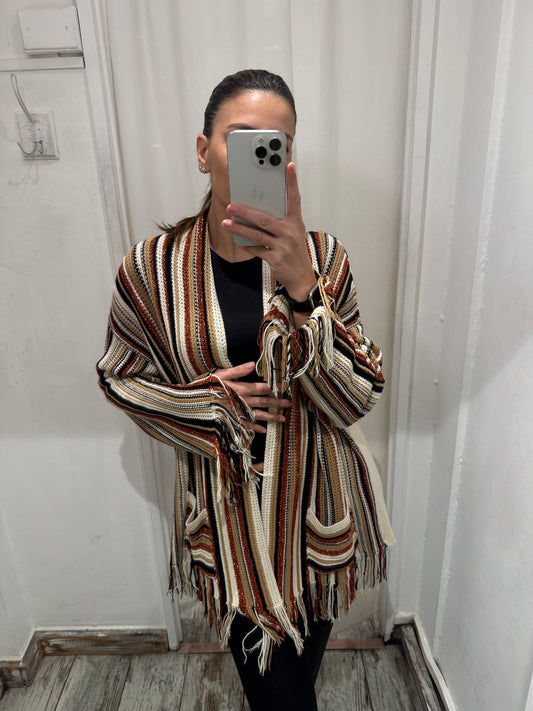 NEW COLLECTION - CARDIGAN KAOS RIGHE PANNA NERO E ARANCIO LUREX