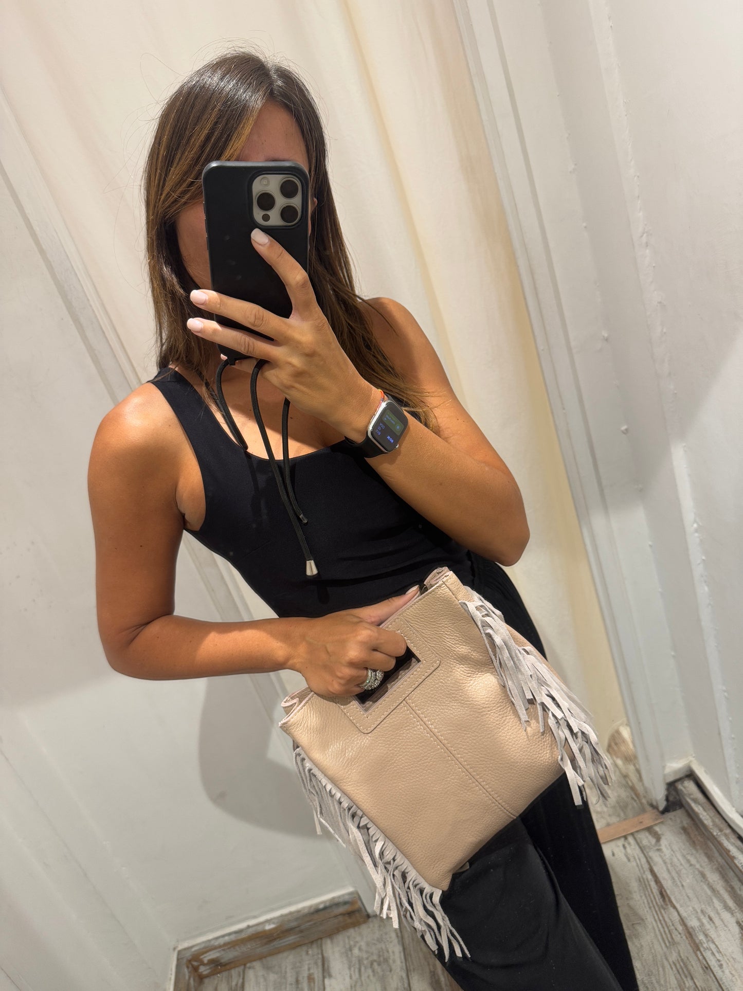 BORSA CUBE IN PELLE CIPRIA CON FRANGE