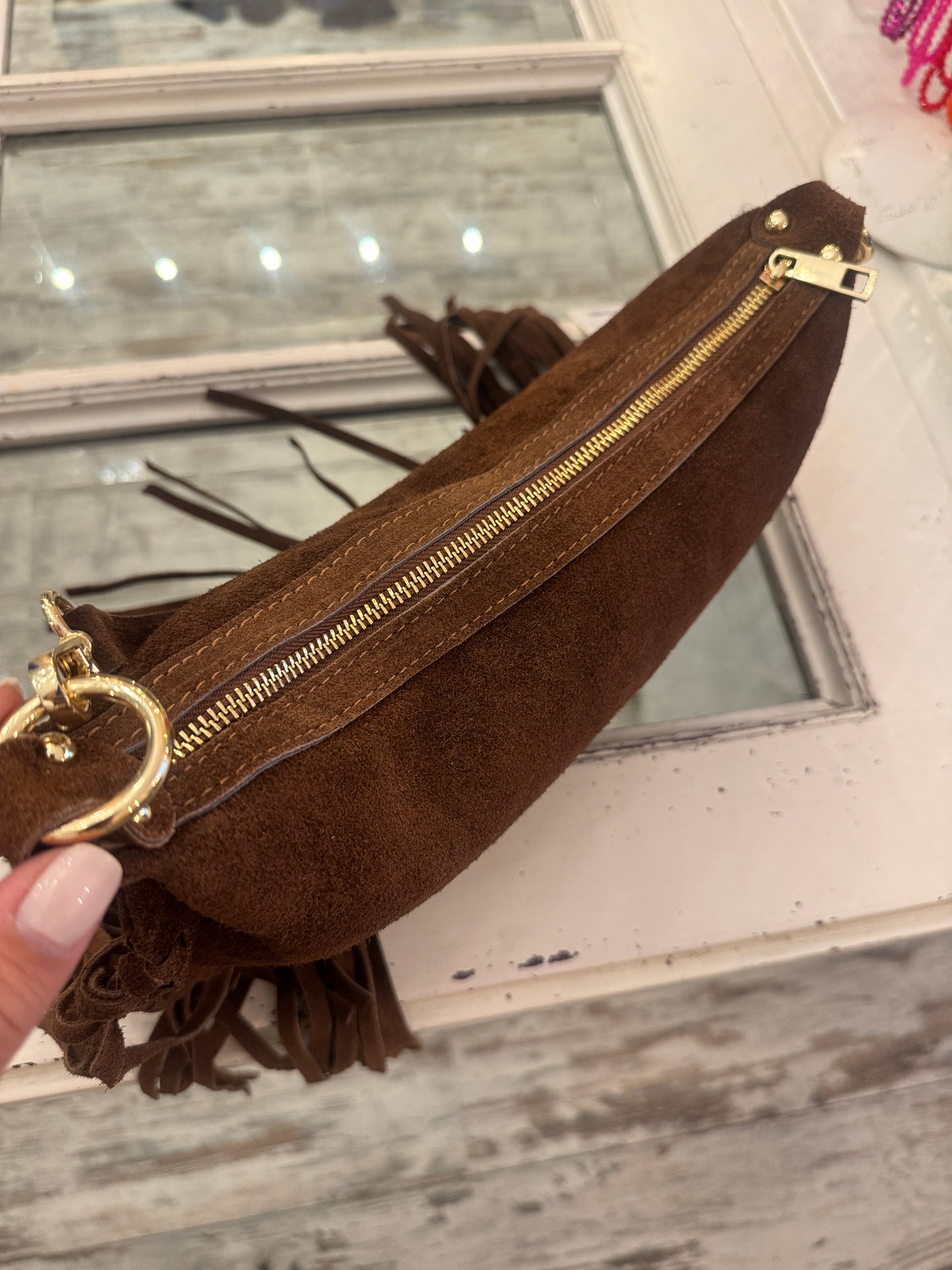 BORSA MEZZALUNA SUEDE FRANGE TESTA DI MORO