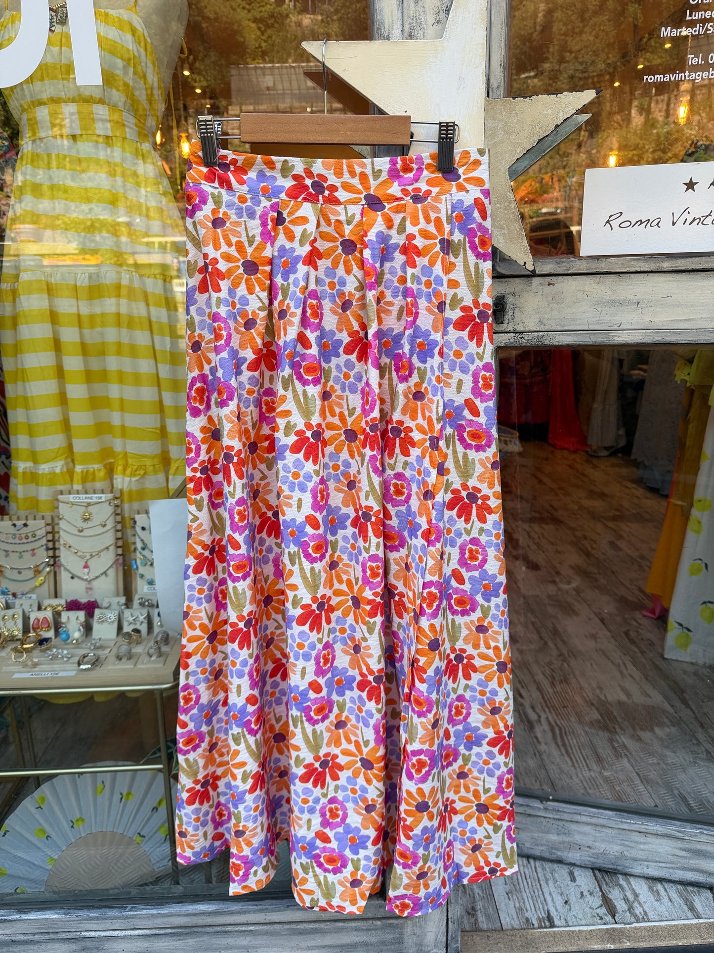 GONNA LONGUETTE BIANCA FIORI MULTICOLORE SPACCO