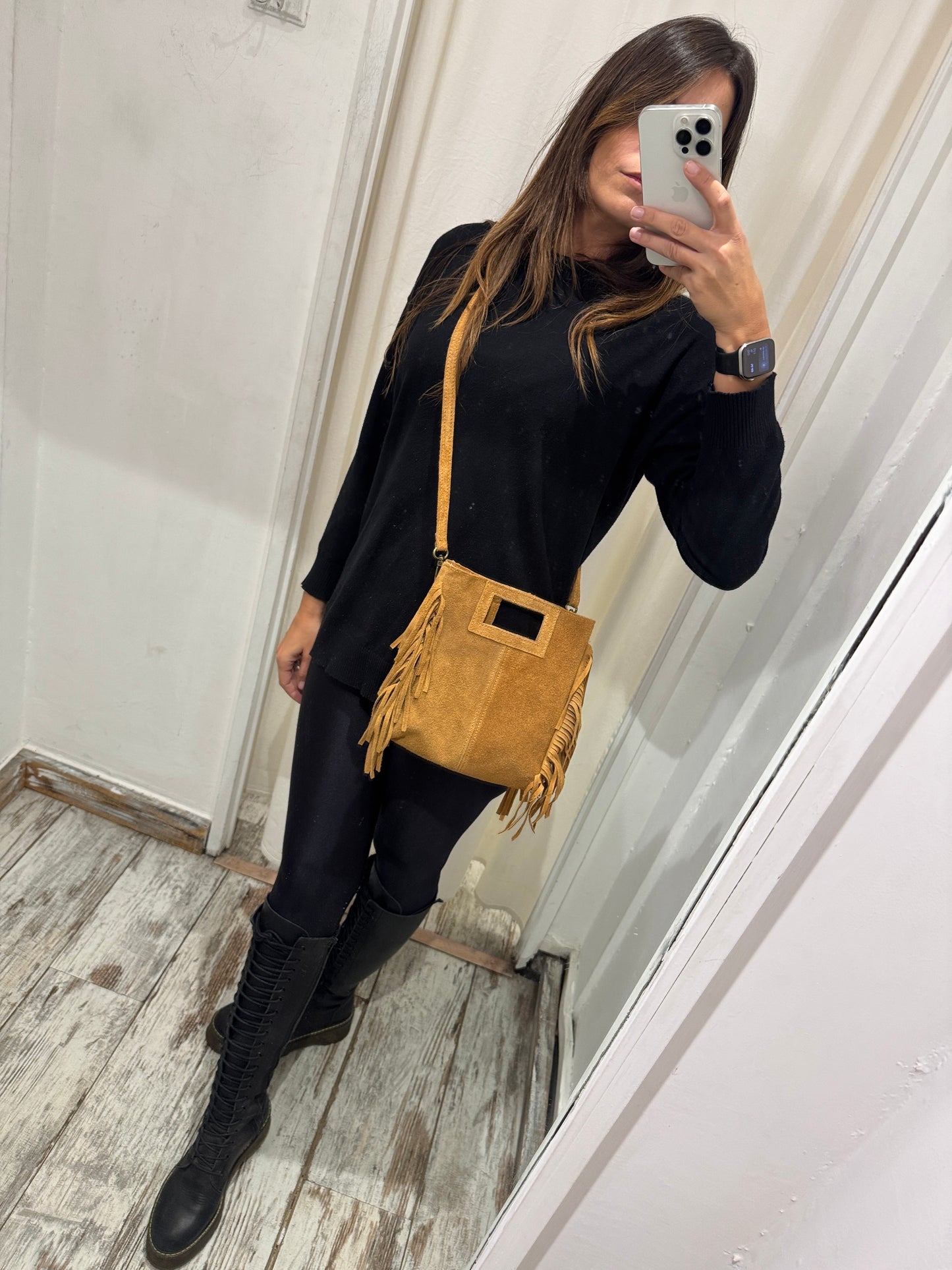 BORSA CUBE SUEDE FRANGE CAMMELLO