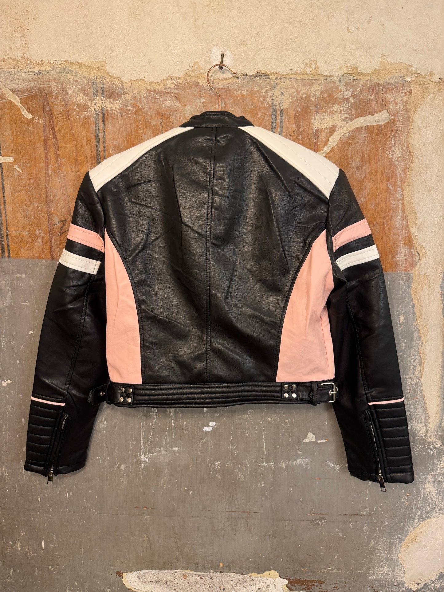 GIUBBINO BIKER ECOPELLE NERO ROSA E BIANCO