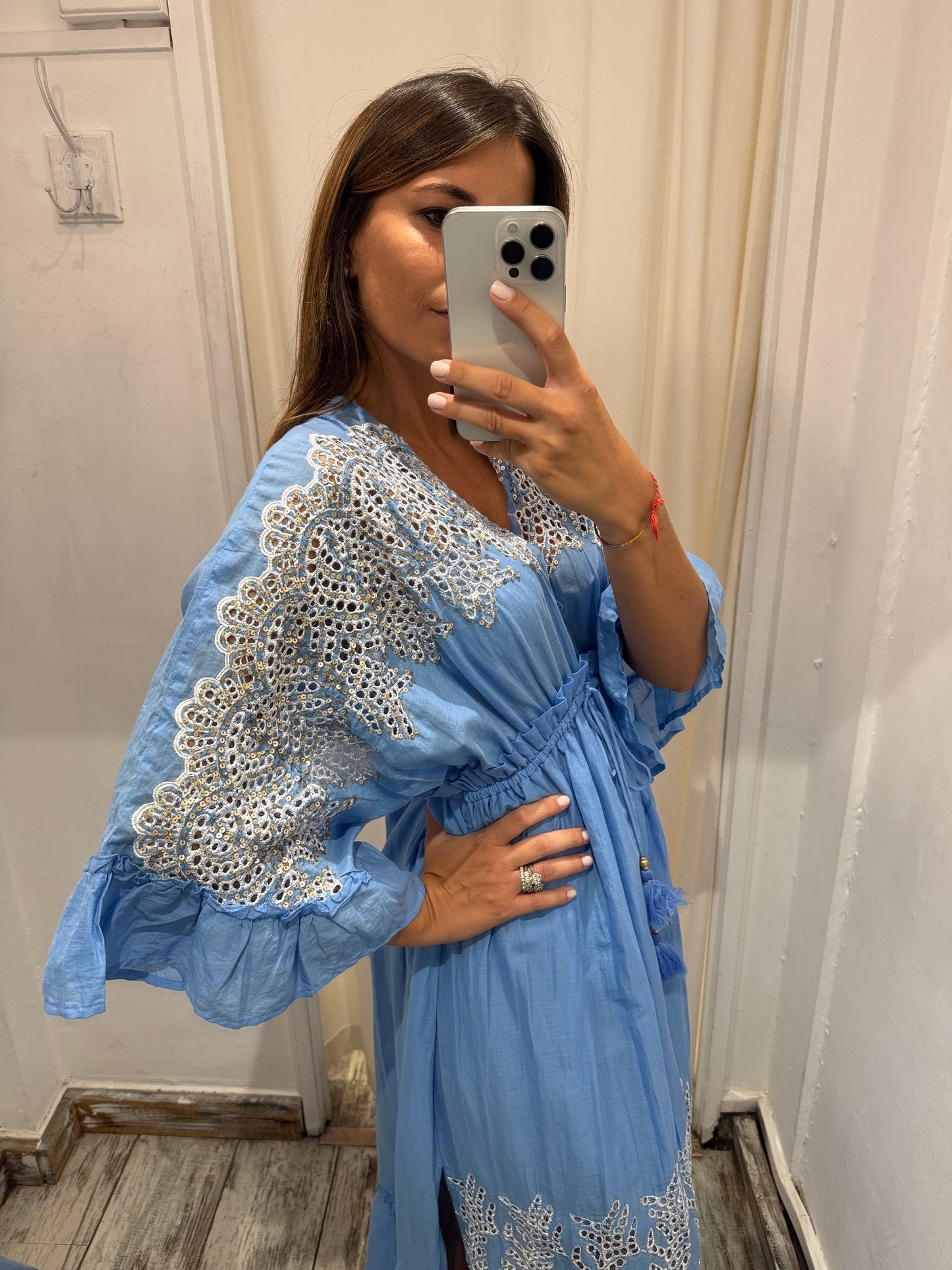 ABITO KAFTANO LONGUETTE CELESTE PAILLETTES