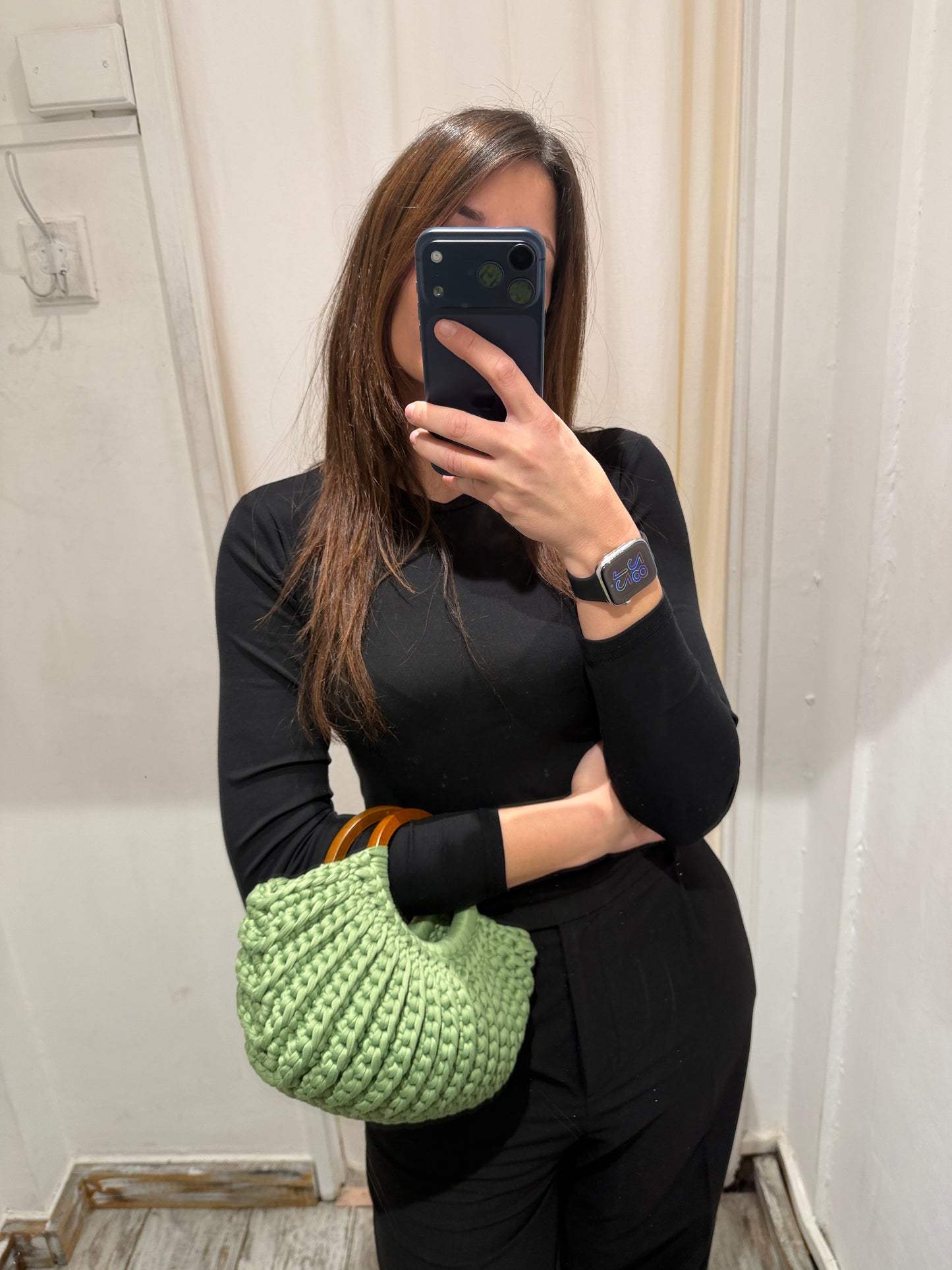 BORSA CROCHET VERDE CHIARO MANICI LEGNO