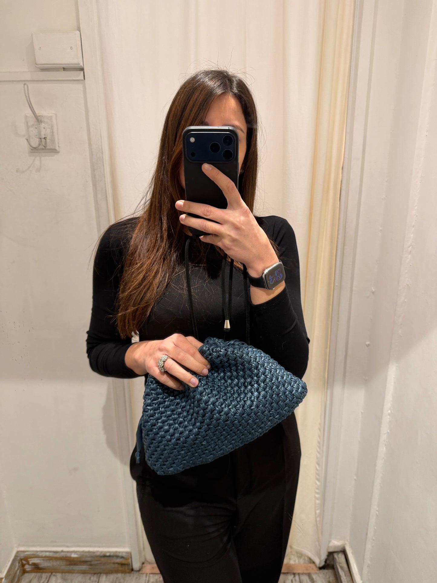 CLUTCH GRANDE CROCHET ECOPELLE BLU DENIM