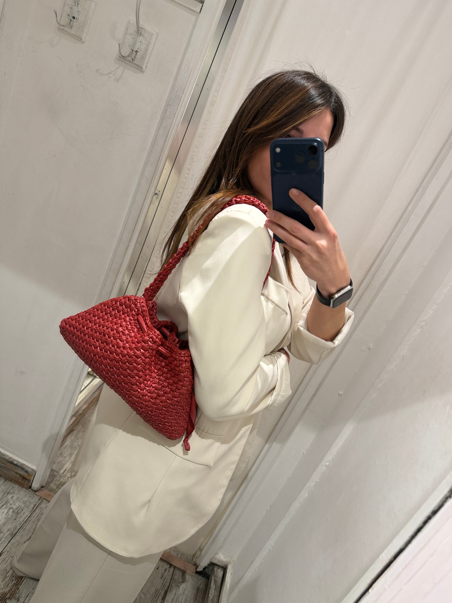 CLUTCH GRANDE INTRECCIATA ROSSO CON TRACOLLA