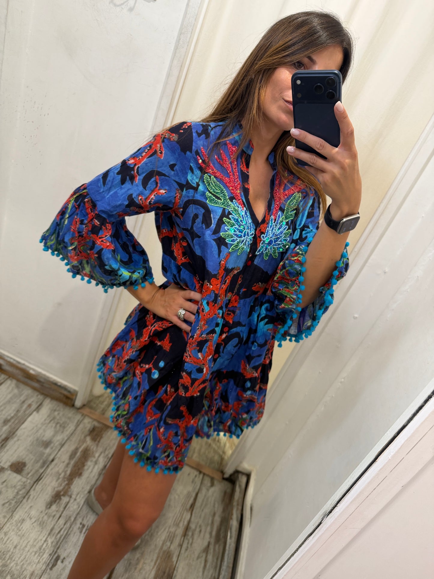 KAFTANO COTONE BLU E CORALLI ROSSI