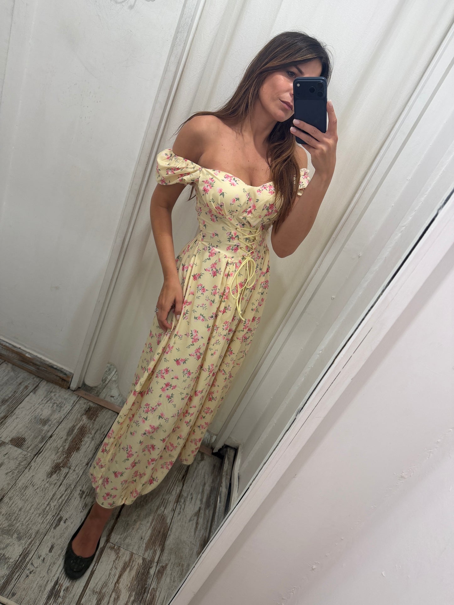 NEW COLLECTION - ABITO MIDÌ GIALLO FIORELLINI ROSA