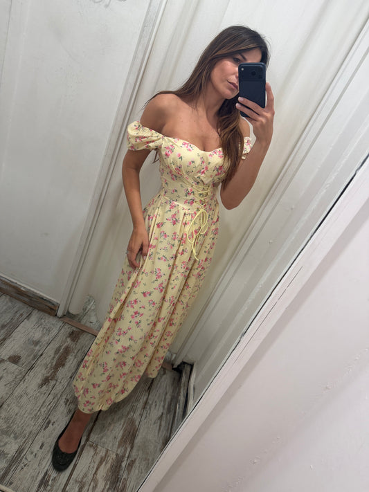 NEW COLLECTION - ABITO MIDÌ GIALLO FIORELLINI ROSA