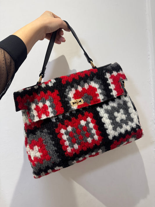 BORSA NERO IN PELLE E LANA MULTICOLORE