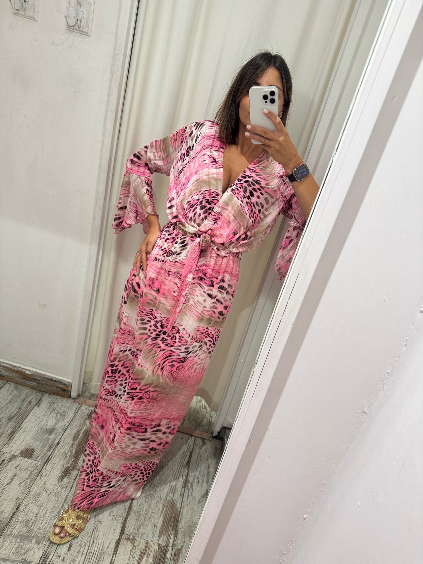 ABITO LUNGO ANIMALIER FUCSIA